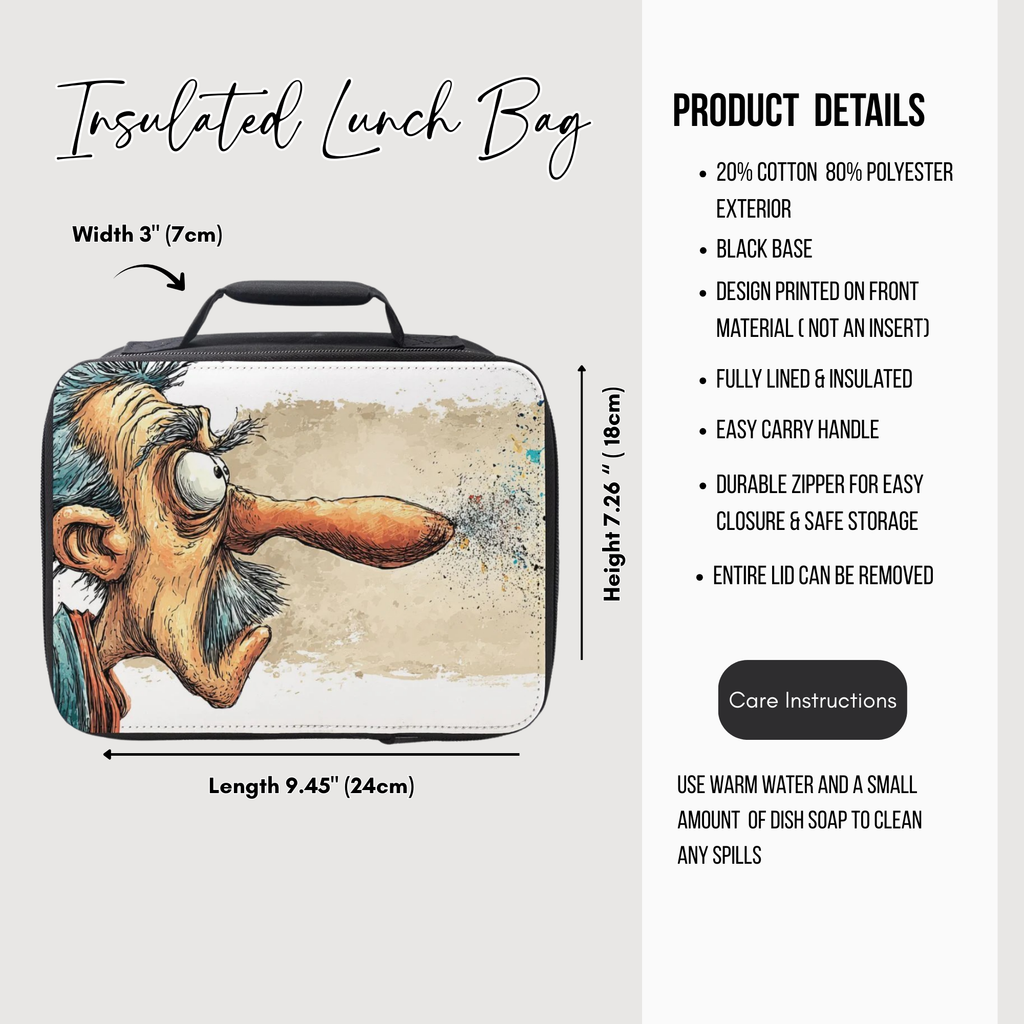 Insulated lunch bag with cartoon character design and product details on a white background
