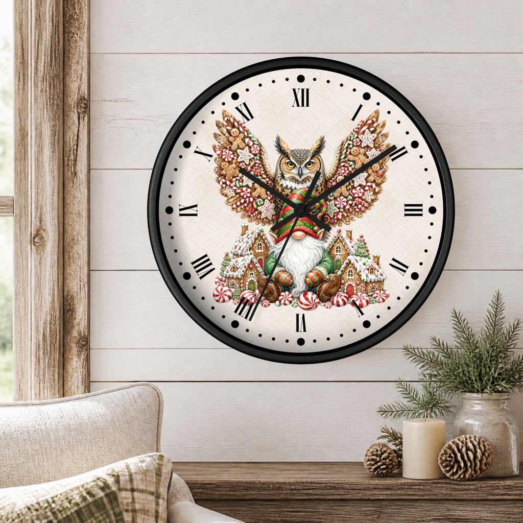 A round wall clock with a black frame and a festive owl illustration on a cream dial, styled in a rustic living room setting above a wooden console table with candles and pinecones.