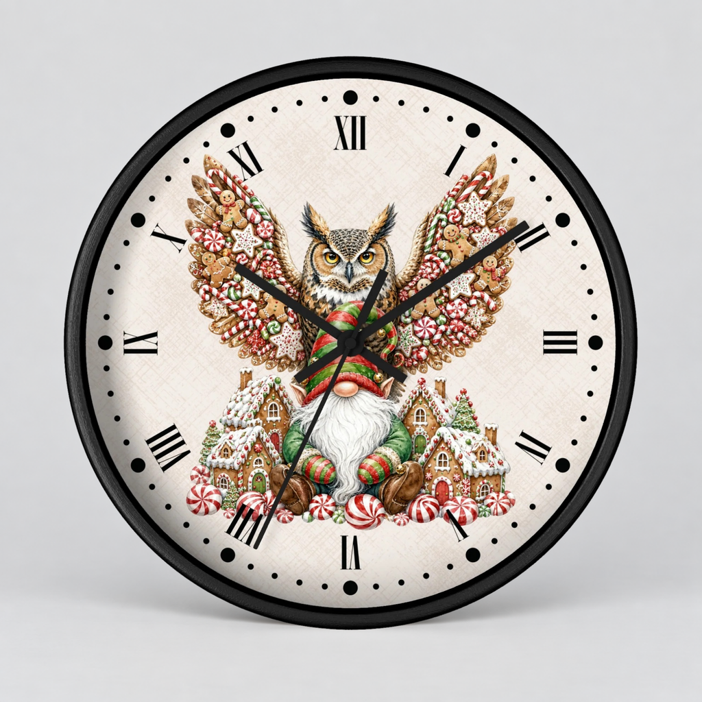 Christmas Owl &  Gnome Wall Clock – Festive Holiday Kitchen Decor