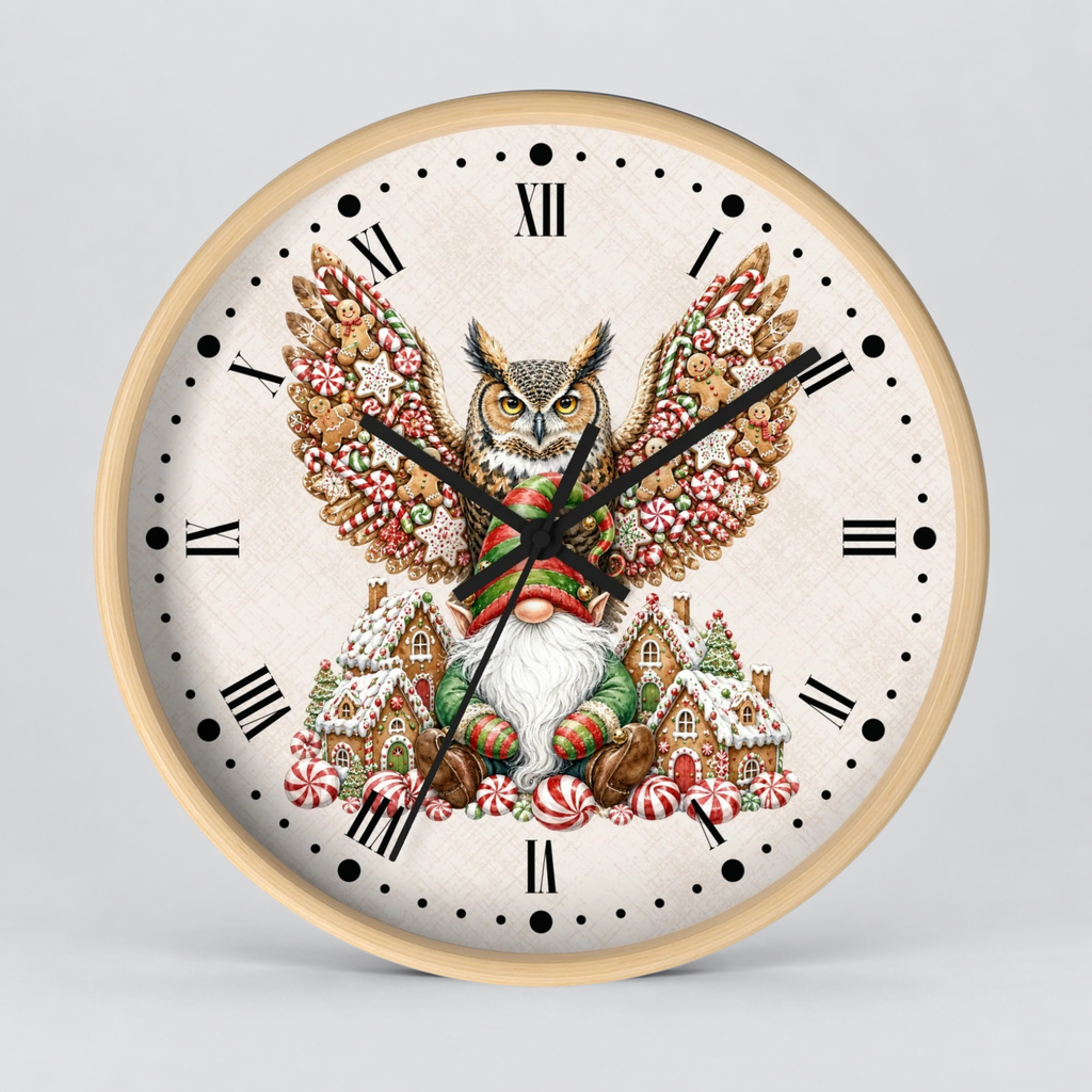 Christmas Owl &  Gnome Wall Clock – Festive Holiday Kitchen Decor