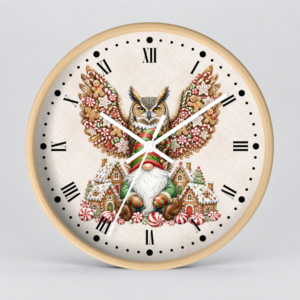 Christmas Owl &  Gnome Wall Clock – Festive Holiday Kitchen Decor