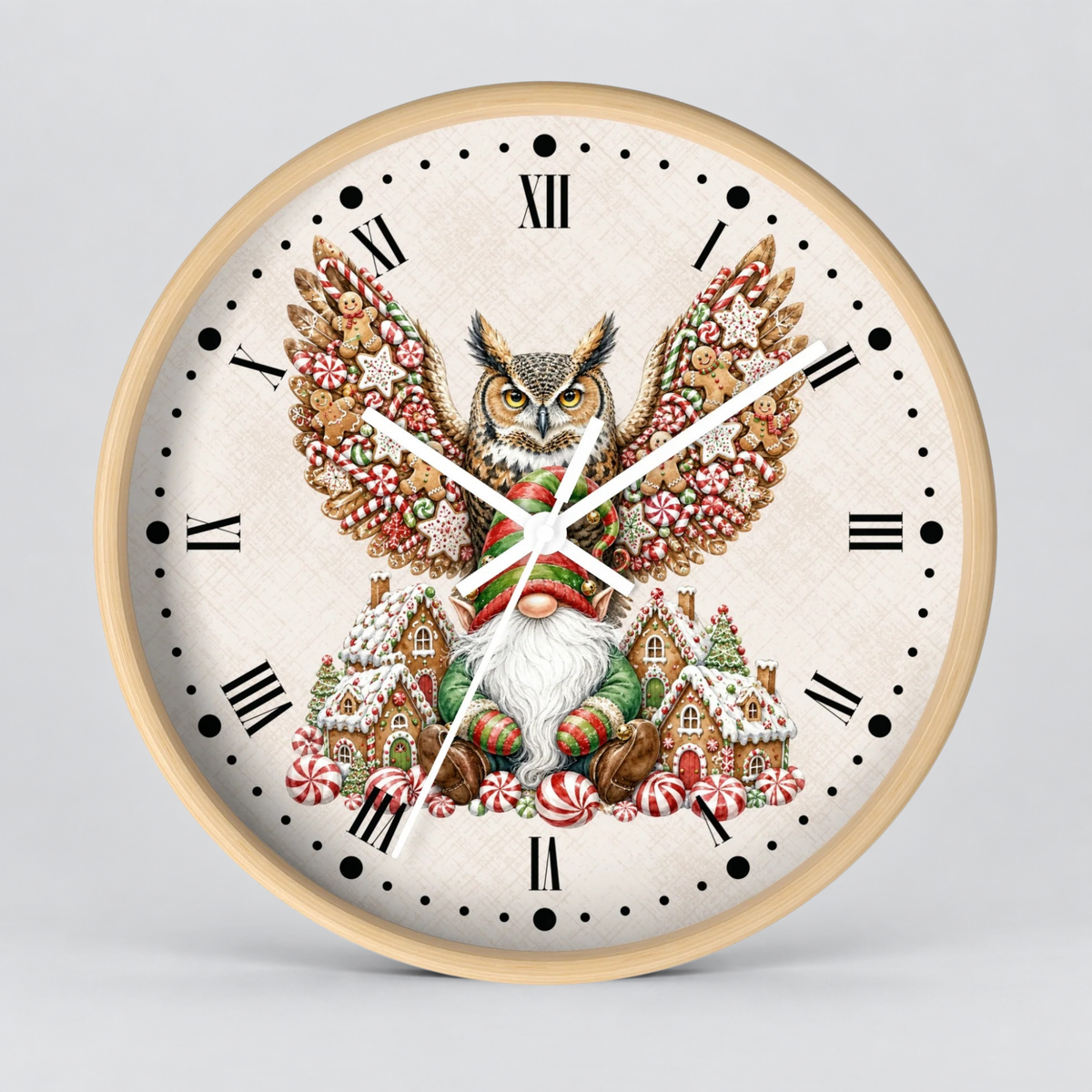 Christmas Owl &  Gnome Wall Clock – Festive Holiday Kitchen Decor