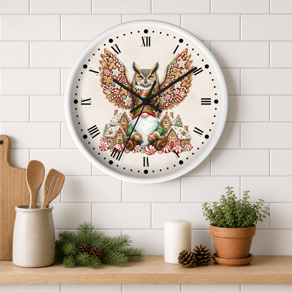 Christmas Owl &  Gnome Wall Clock – Festive Holiday Kitchen Decor