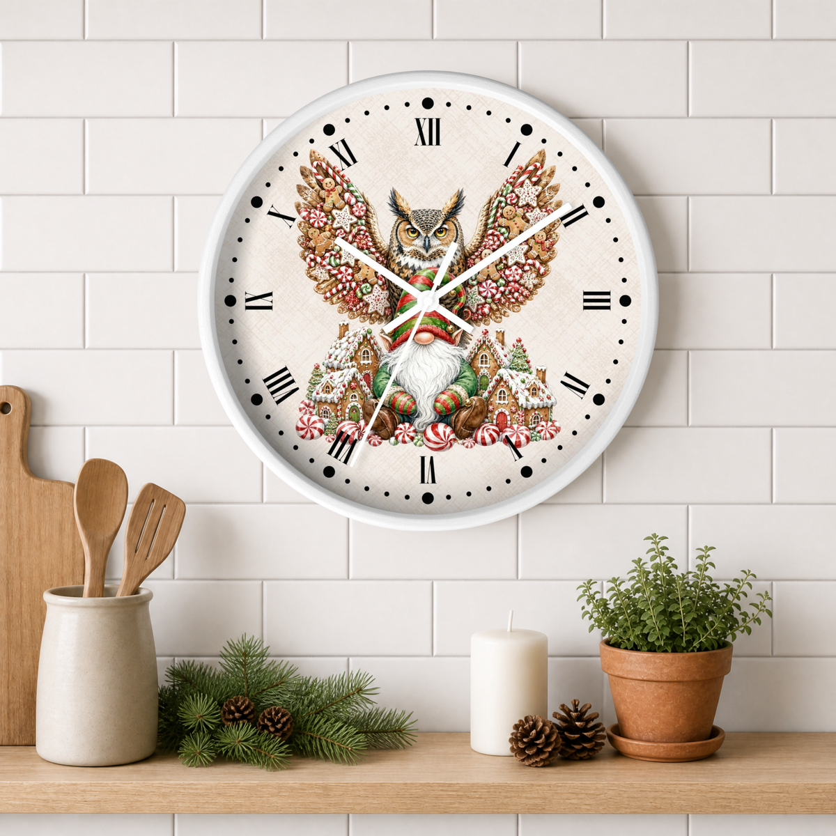 Christmas Owl &  Gnome Wall Clock – Festive Holiday Kitchen Decor