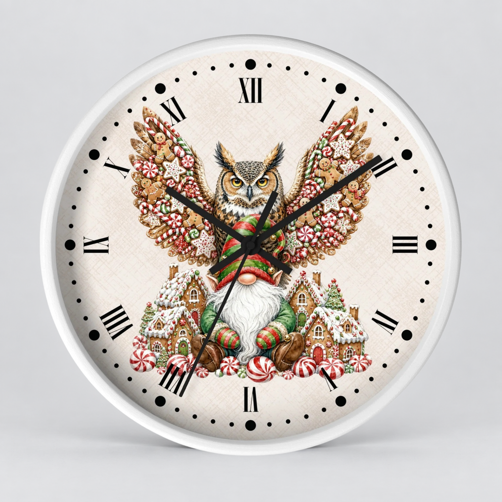 Christmas Owl &  Gnome Wall Clock – Festive Holiday Kitchen Decor