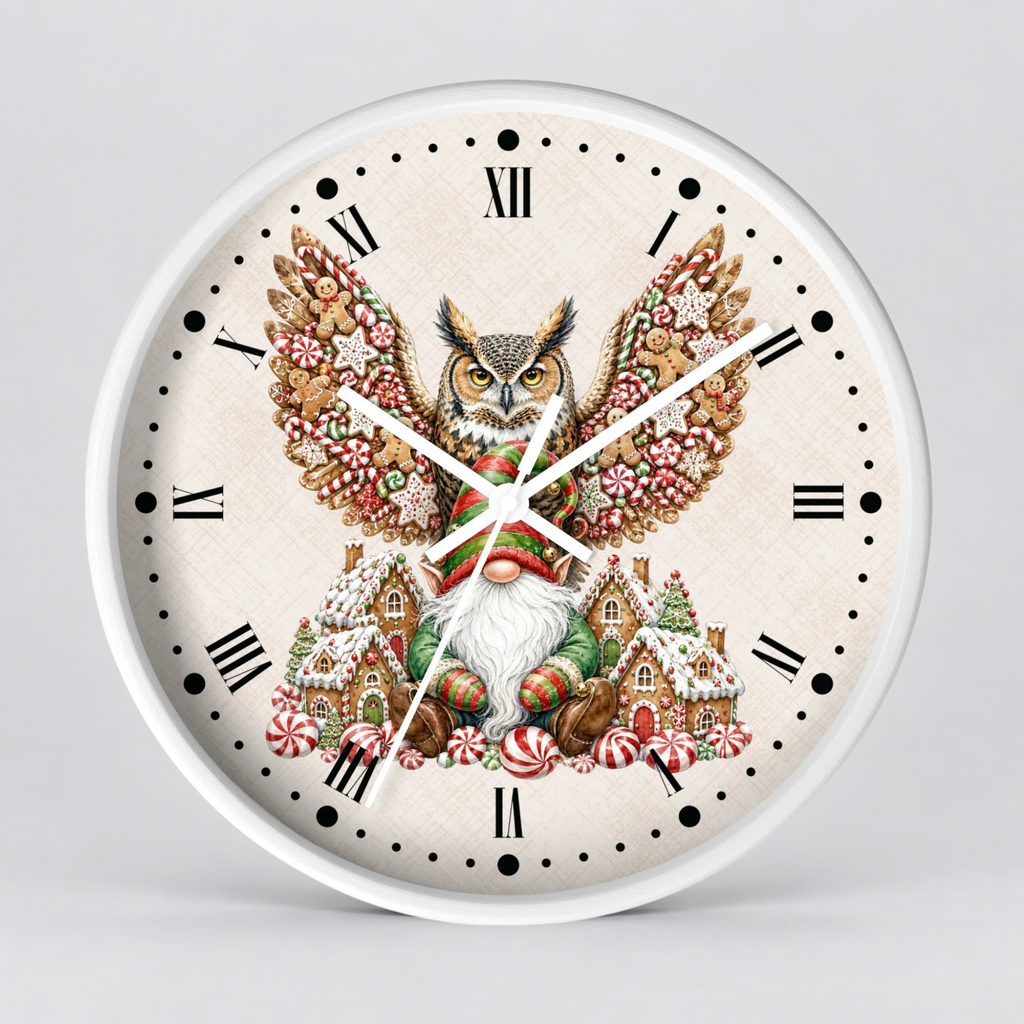 Christmas Owl &  Gnome Wall Clock – Festive Holiday Kitchen Decor