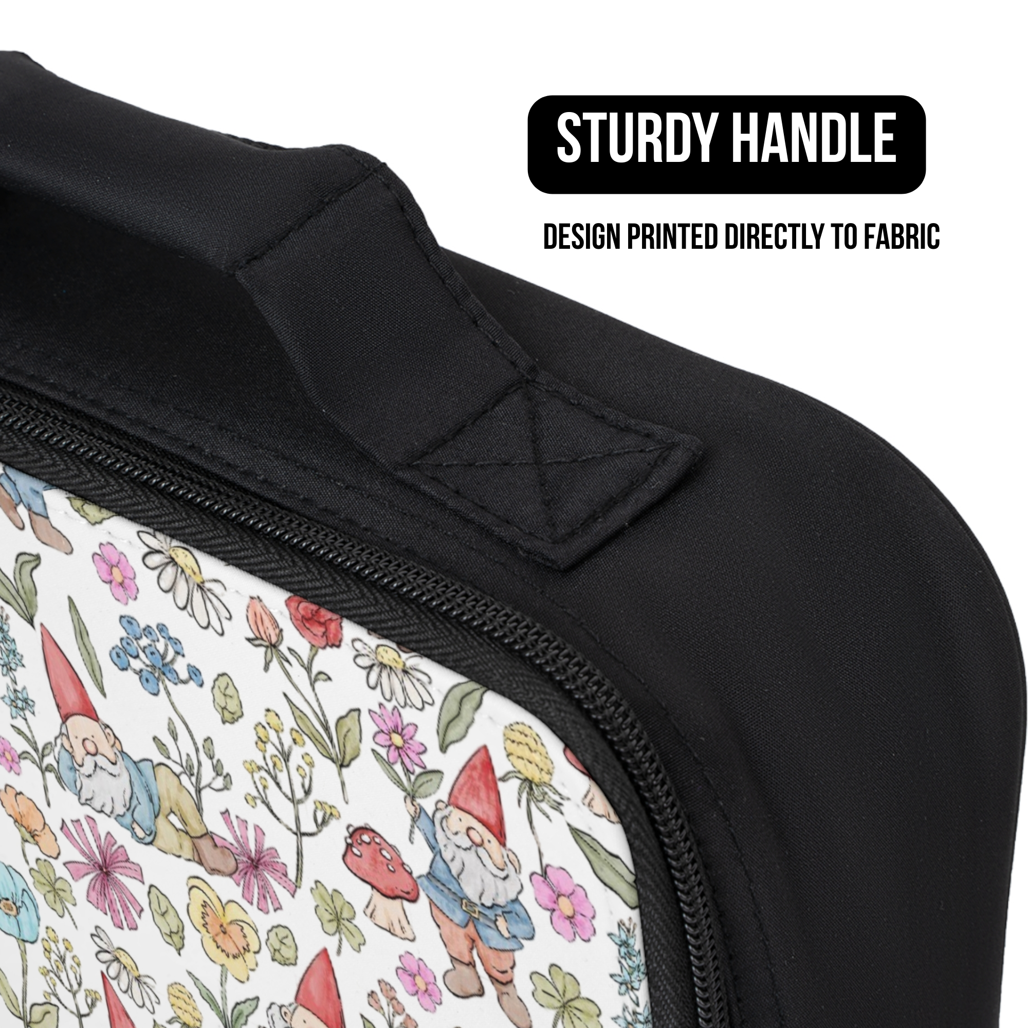 Black lunch bag with gnomes and floral pattern, sturdy handle feature highlighted.