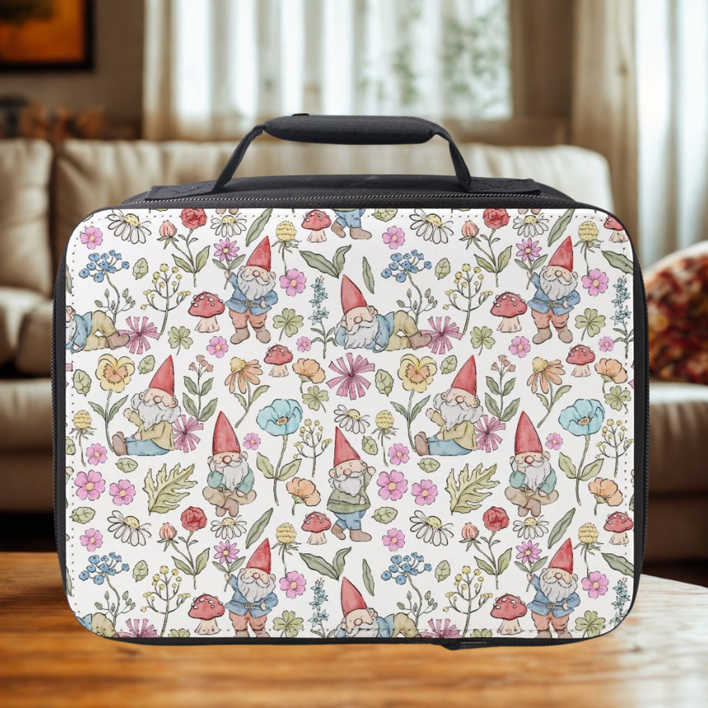  insulated lunch bag with gnome and floral pattern on a wooden surface