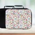 Insulated lunch bag with a colorful pattern of gnomes and flowers on a white background