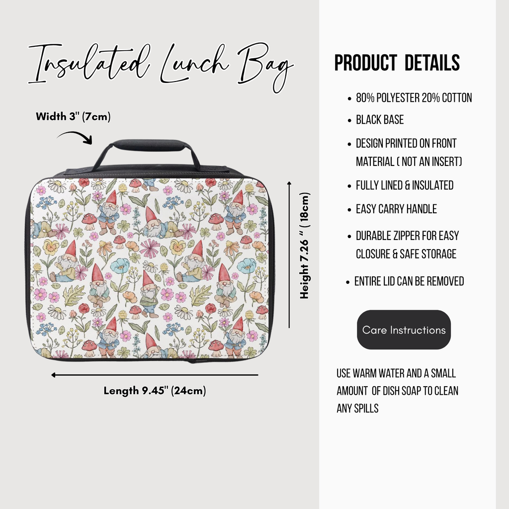 Insulated lunch bag with floral design and product details on a white background