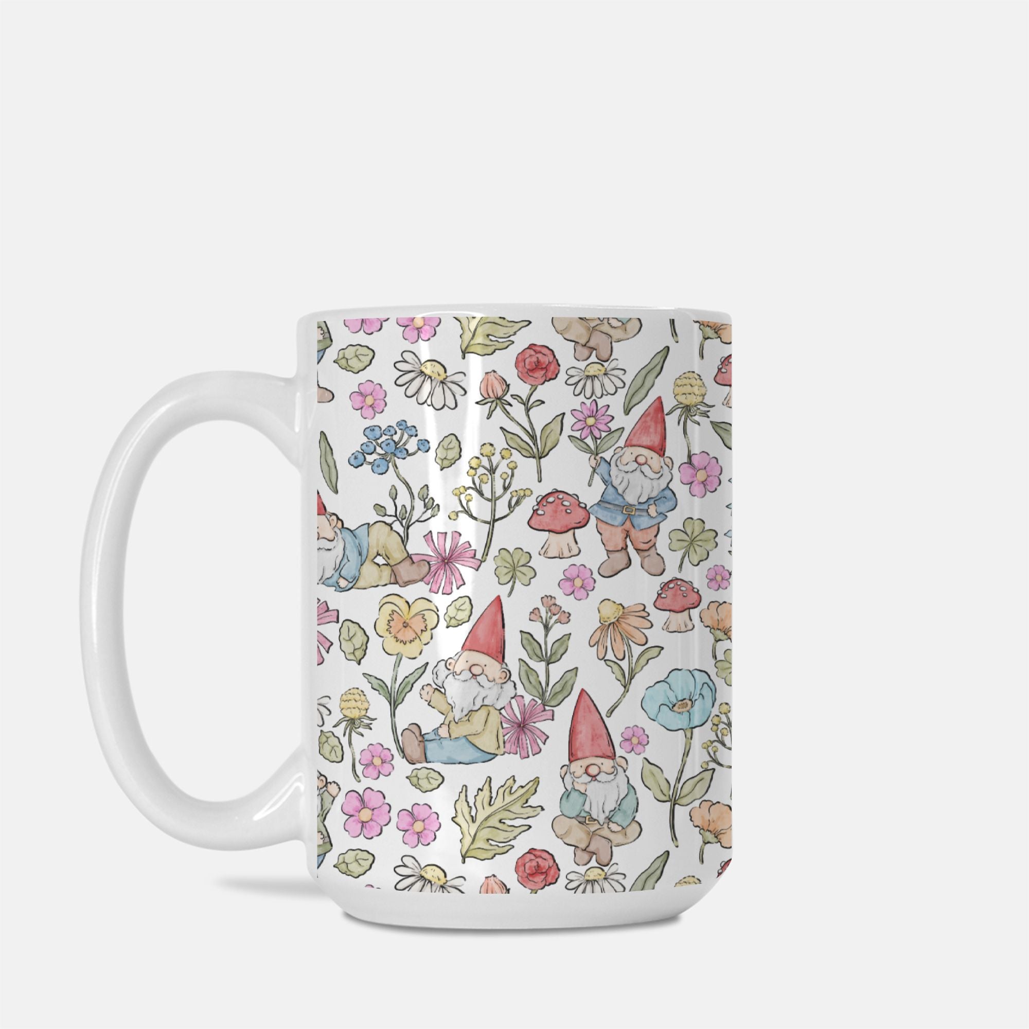 Mug with gnome and floral pattern on a white background