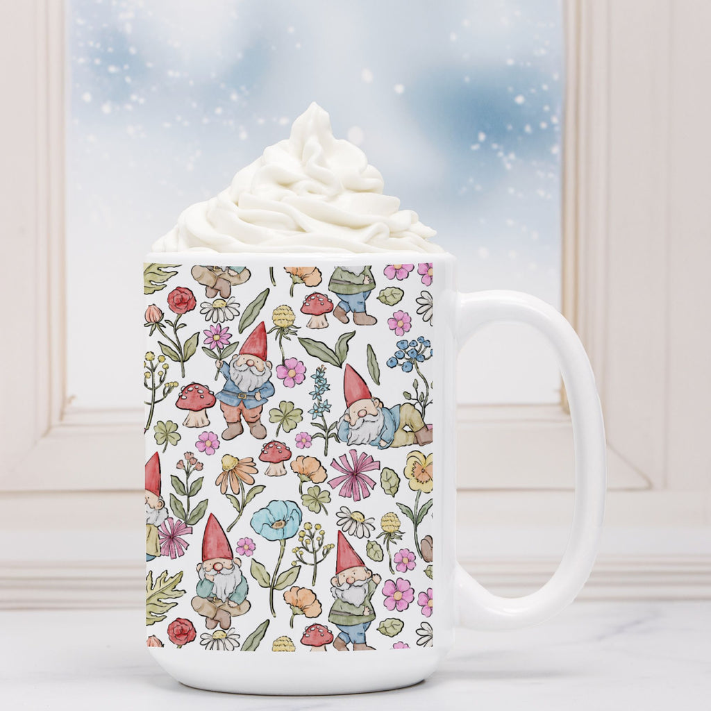 White mug with gnome and floral pattern against a snowy window background