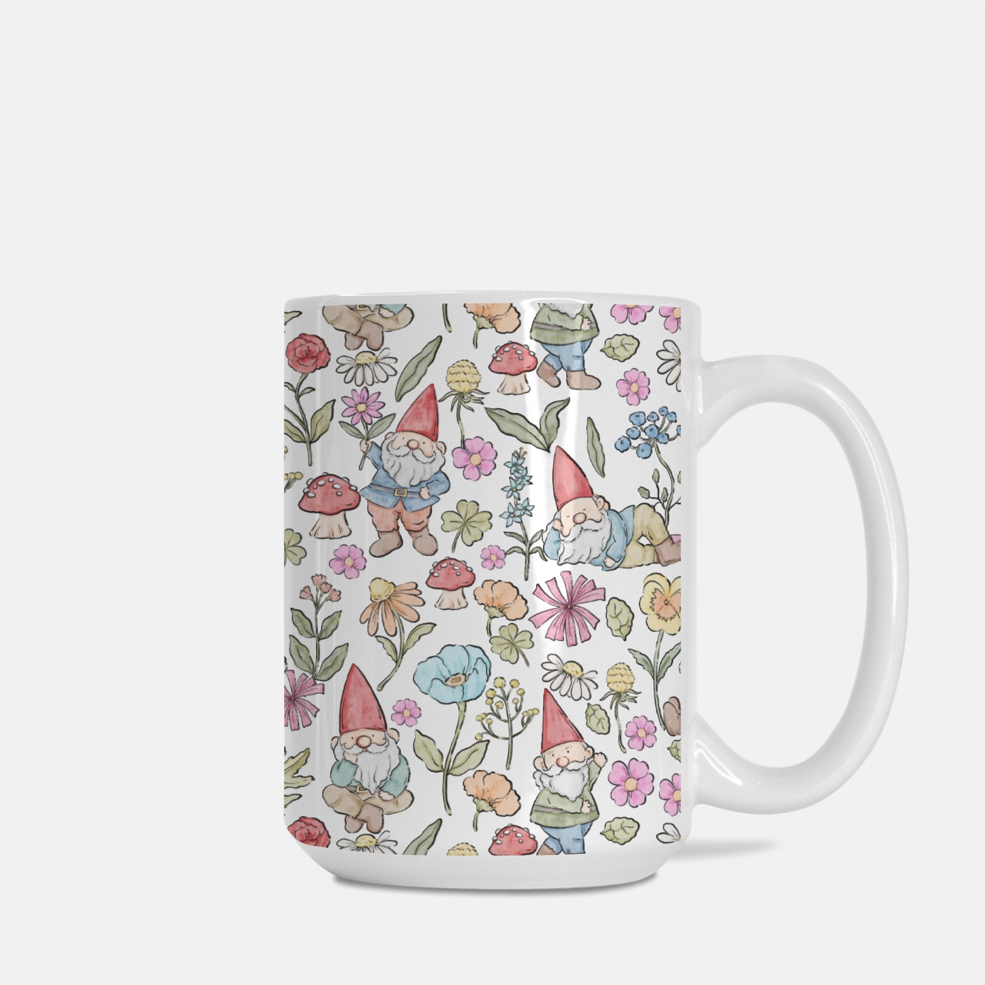 Mug with gnome and floral pattern on a white background
