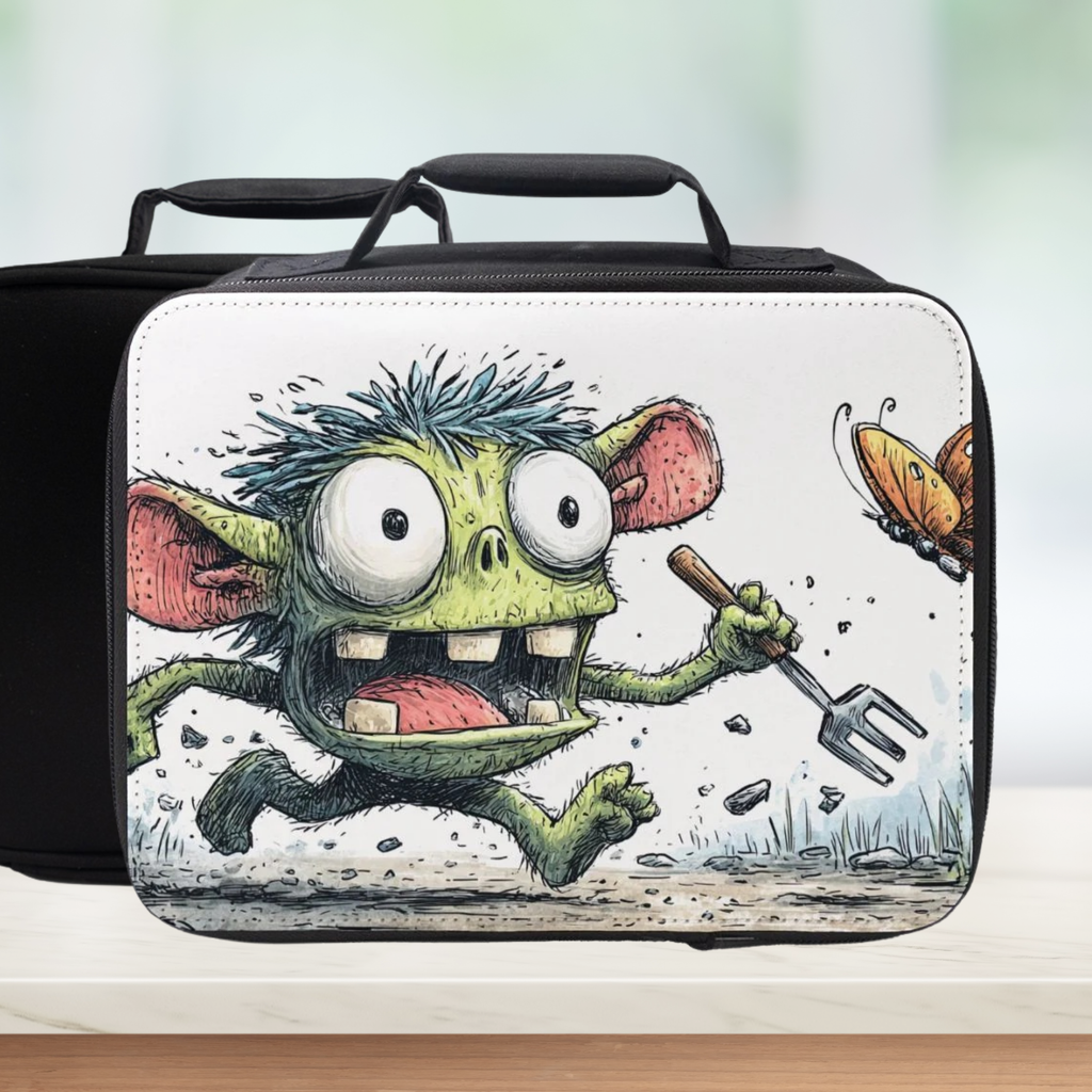 Lunch bag with a cartoon goblin monster design on a white background