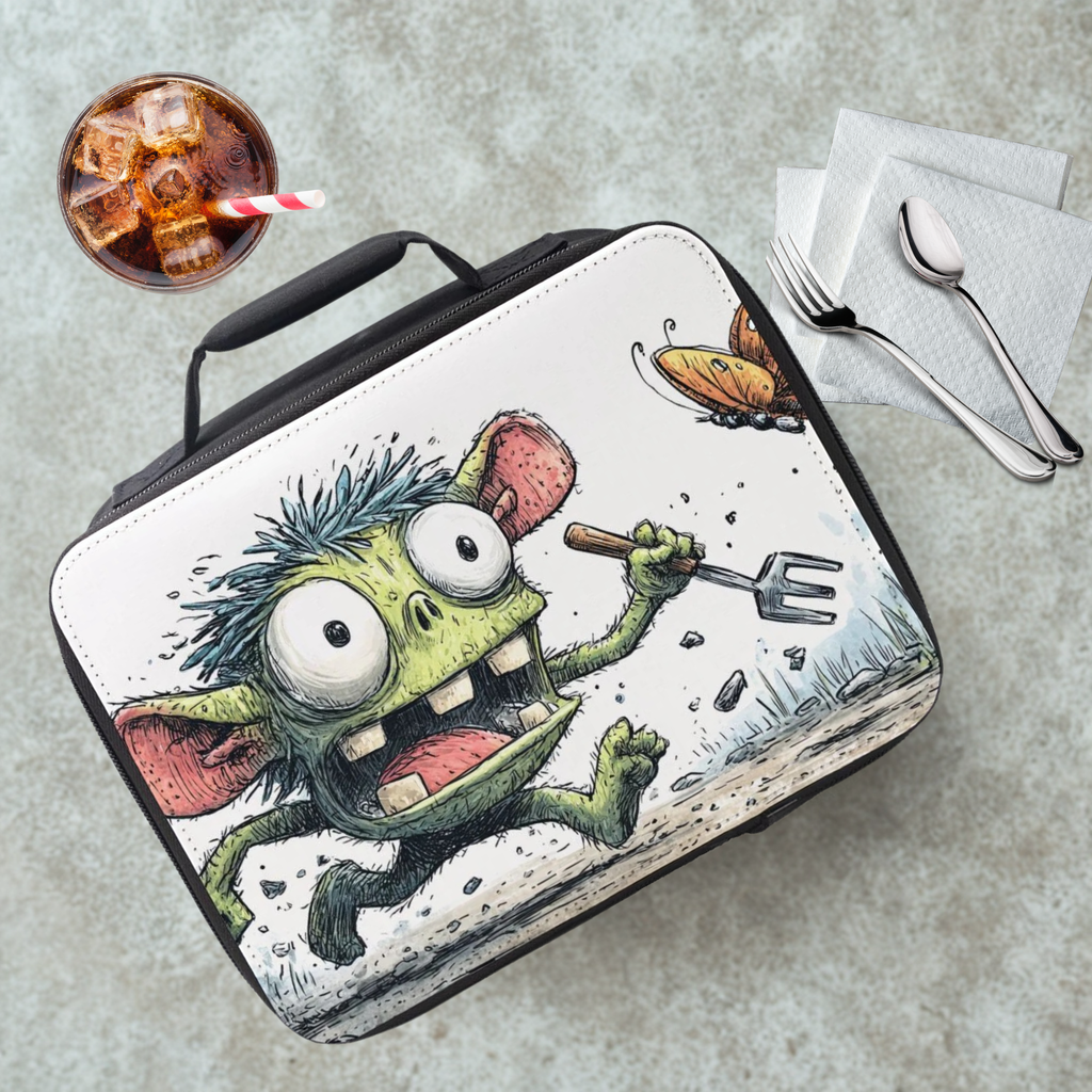  insulated lunch bag with cartoon monster design on a cafeteria table with a drink and eating utensils