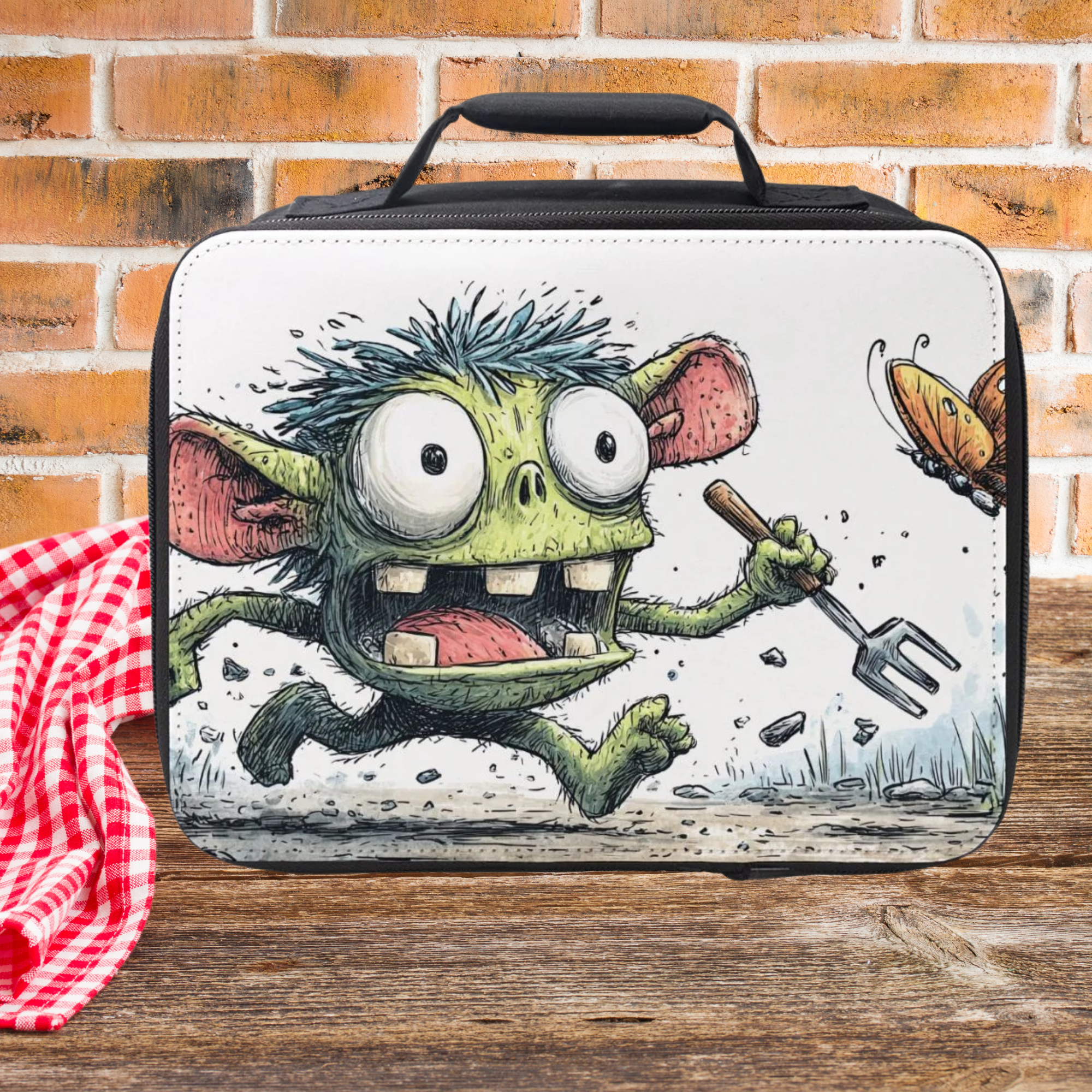 Lunch bag with cartoon monster design on a wooden picnic table against a brick wall background