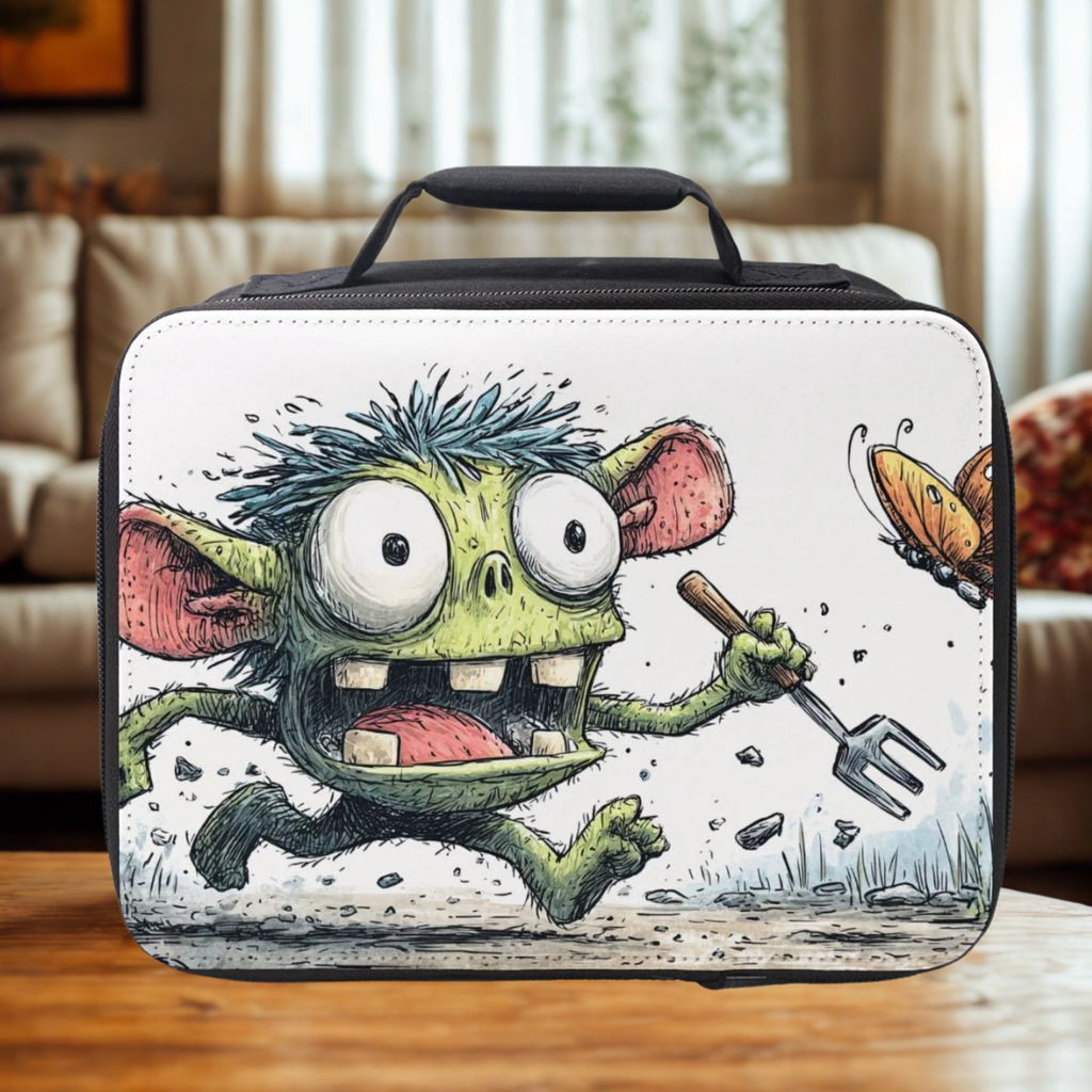 Lunch bag with a cartoon monster design on a wooden table in a living room