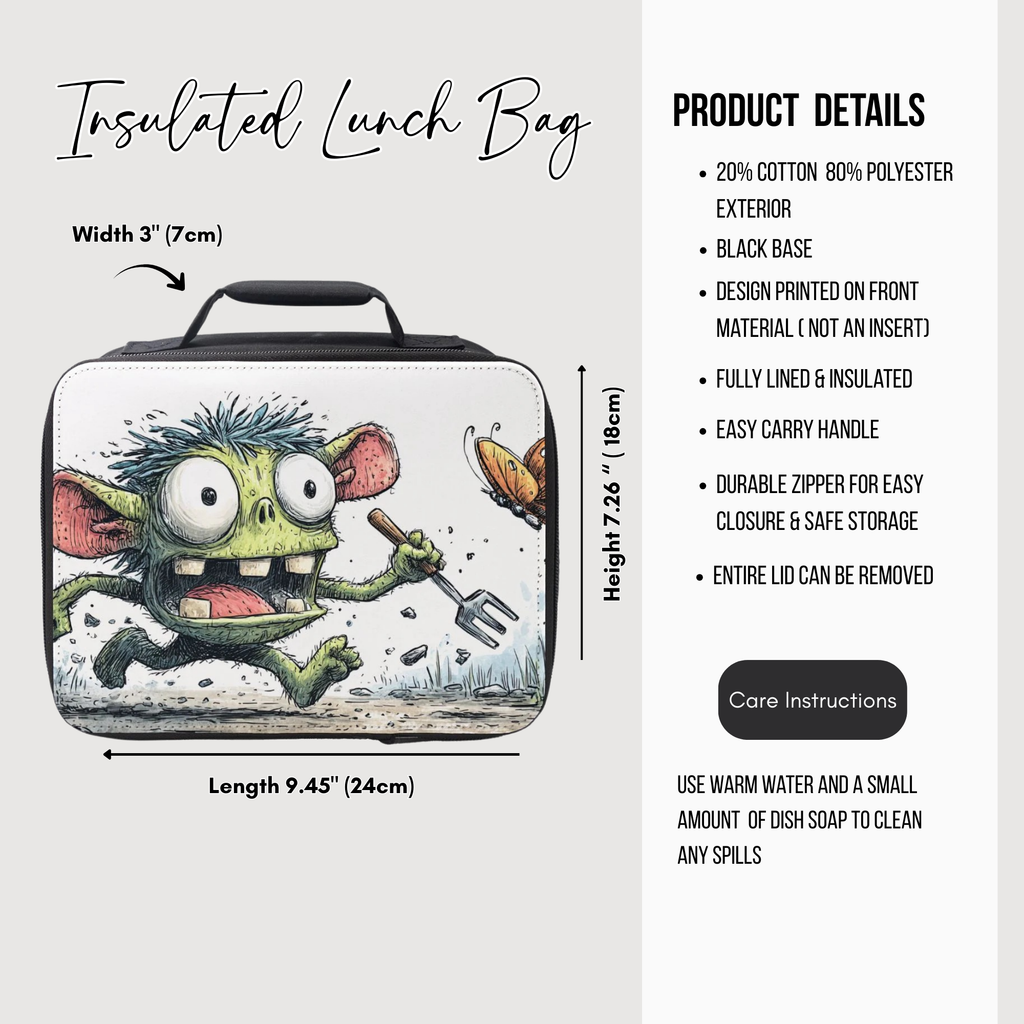 Insulated lunch bag with cartoon goblin monster character design and product details on a white background