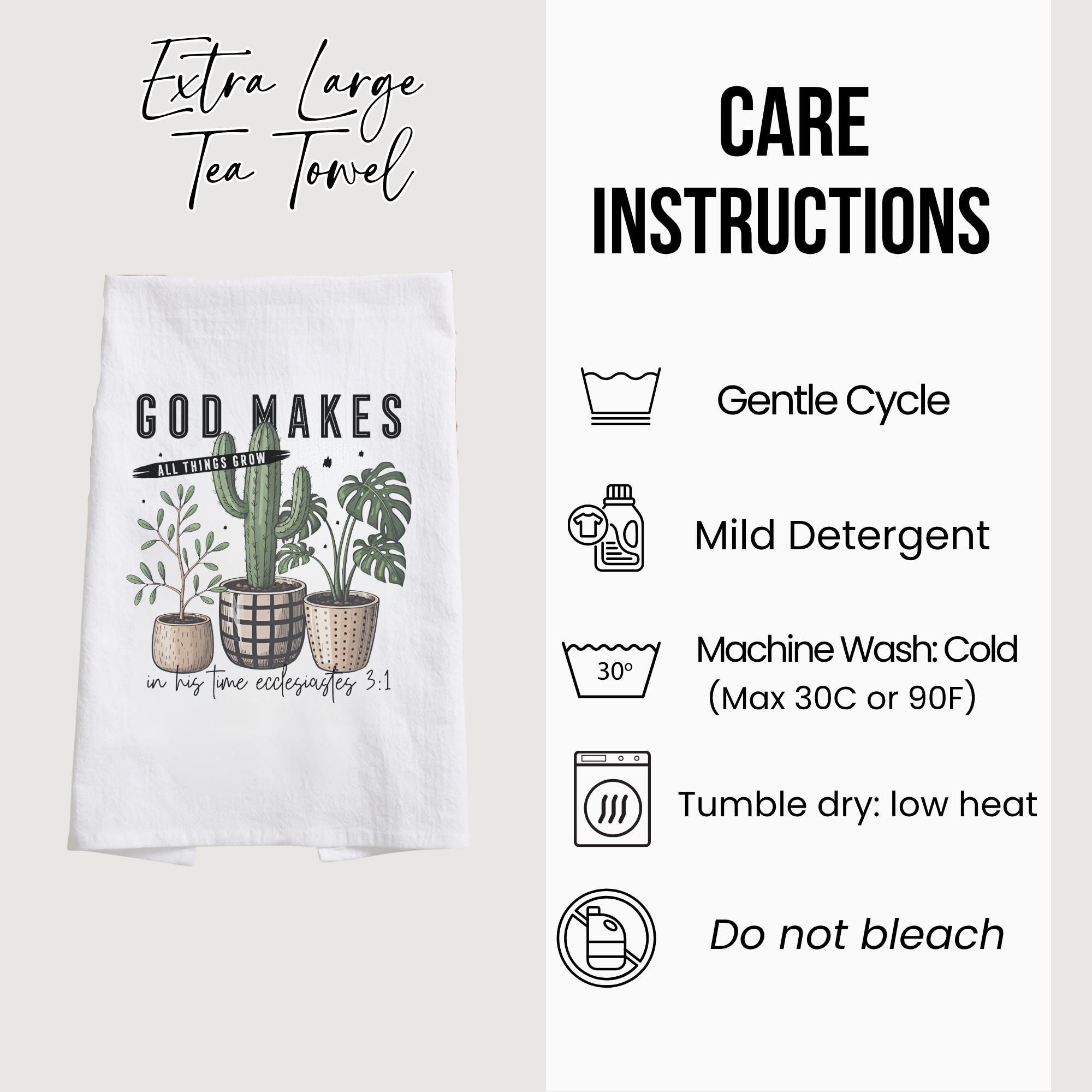 Tea towel with plants design and care instructions on a white background