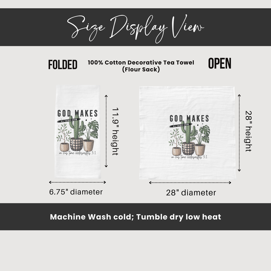 Size display view of a decorative tea towel with dimensions and care instructions.