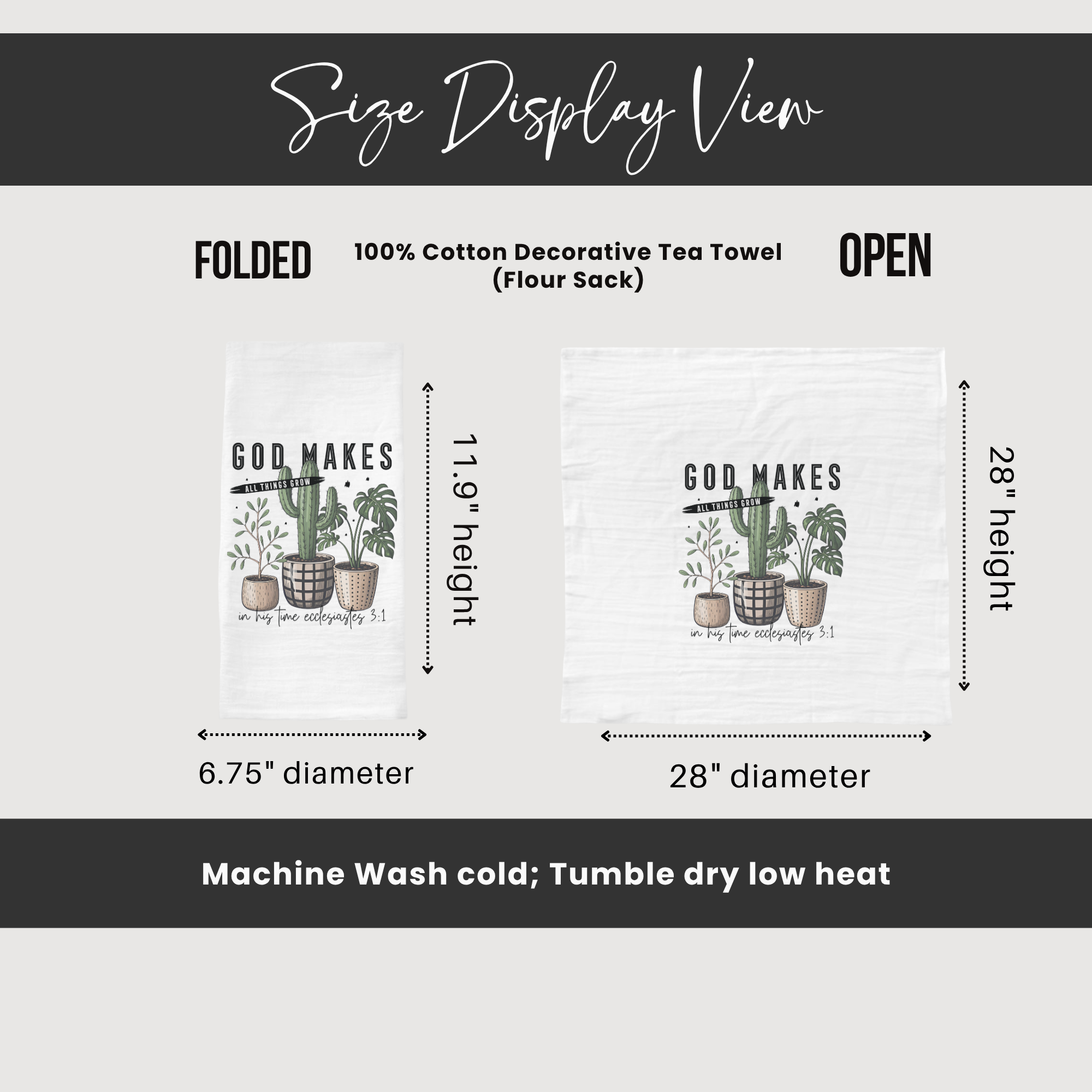 Size display view of a decorative tea towel with dimensions and care instructions.