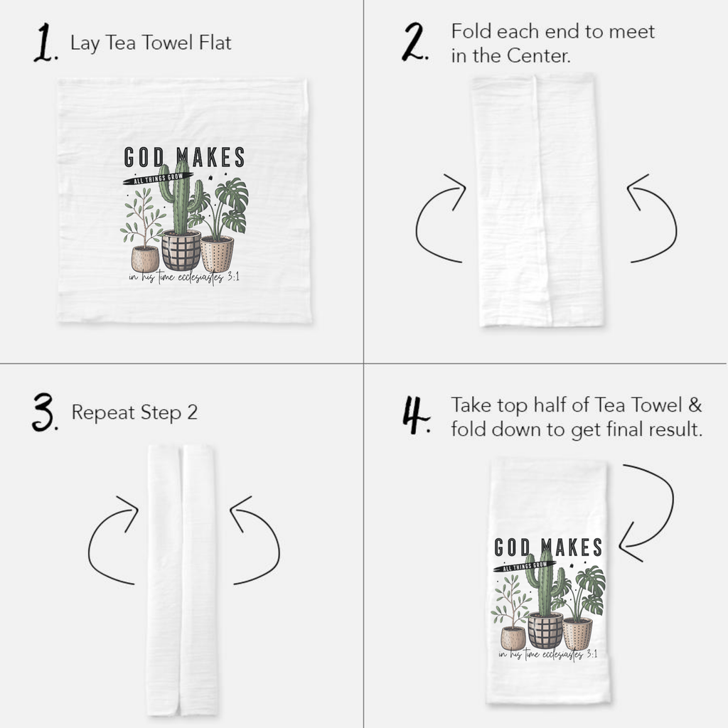 Instructions for folding a tea towel with a cactus design and text.