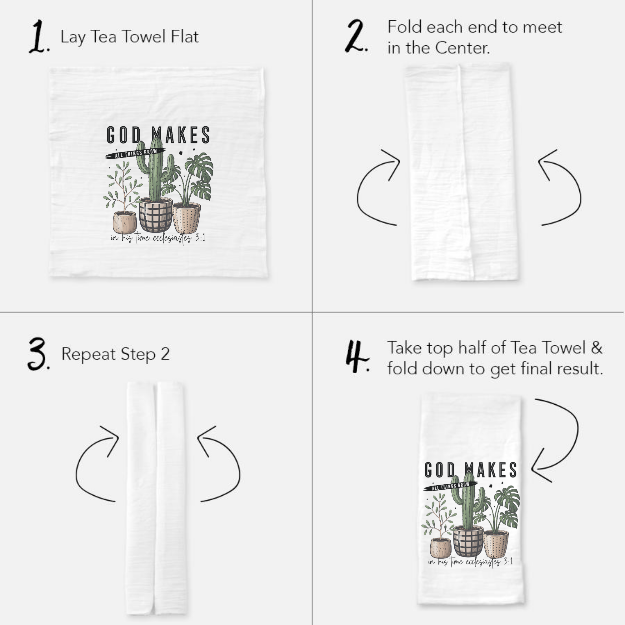 Instructions for folding a tea towel with a cactus design and text.