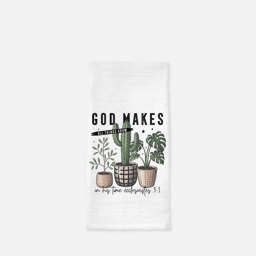 Tea towel with plants and text on a white background