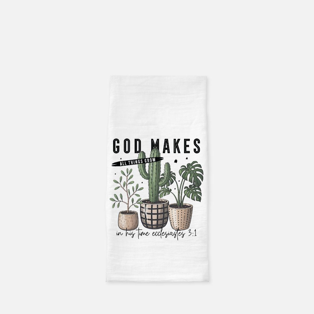 Tea towel with plants and text on a white background