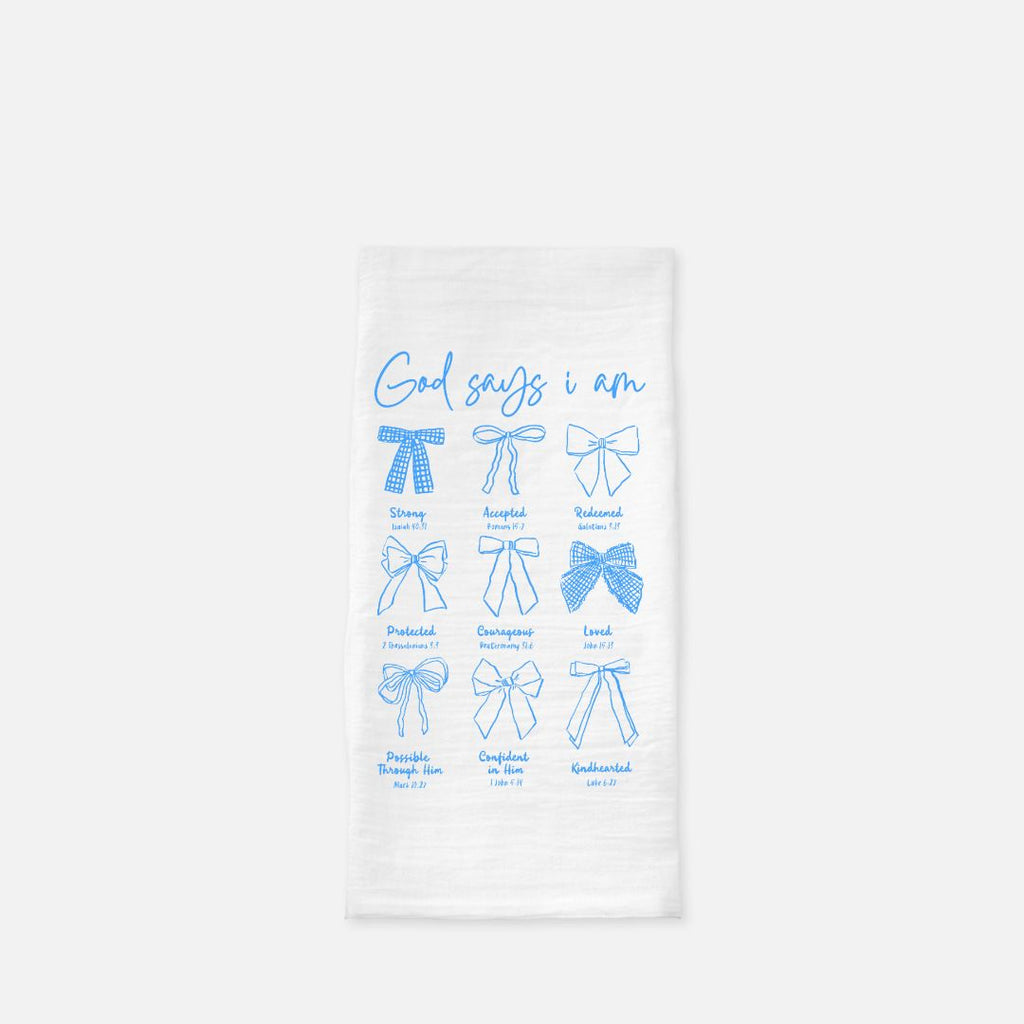 Towel with blue text and bow illustrations on a white background