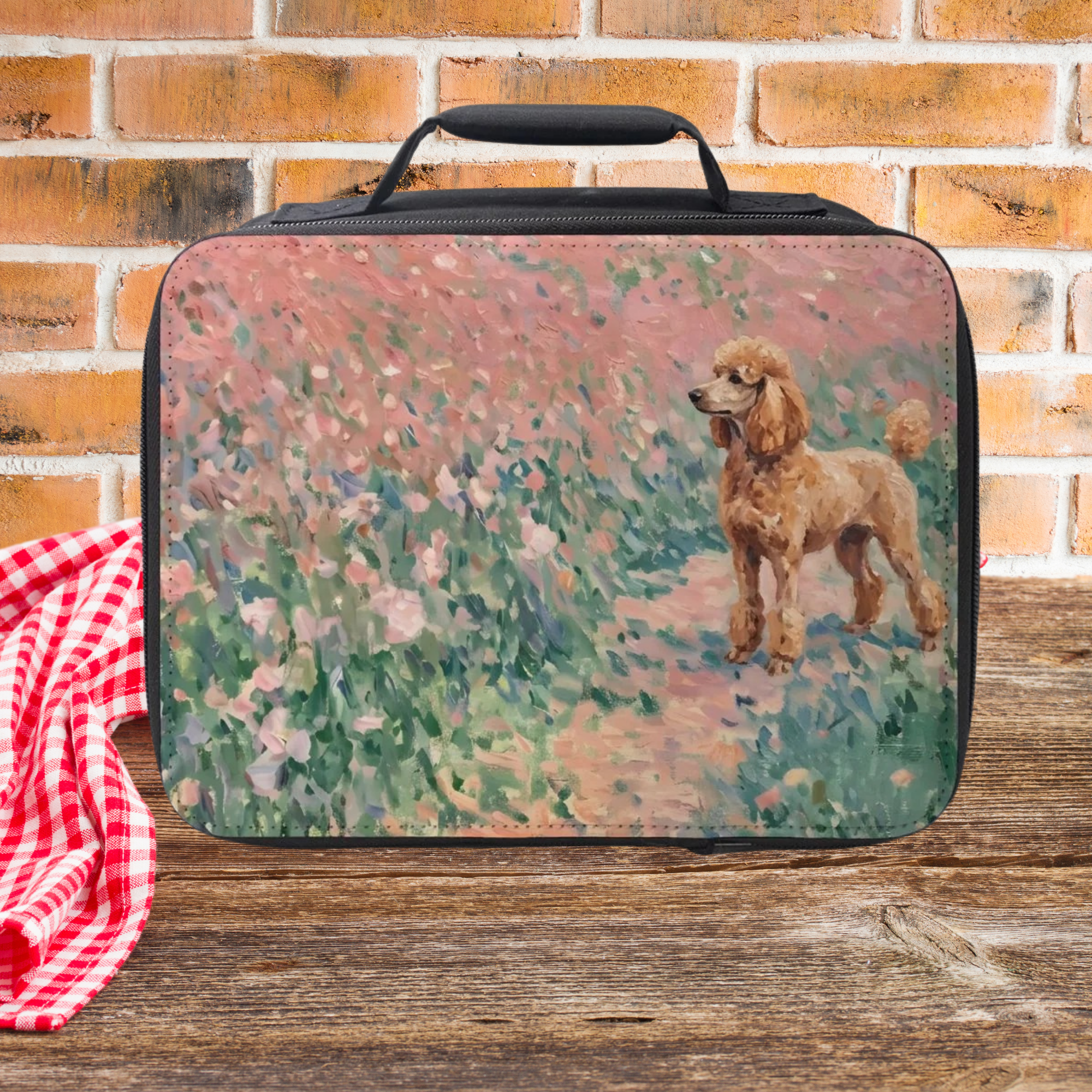 Lunch bag with a golden poodle dog painting design on a wooden surface and brick wall background