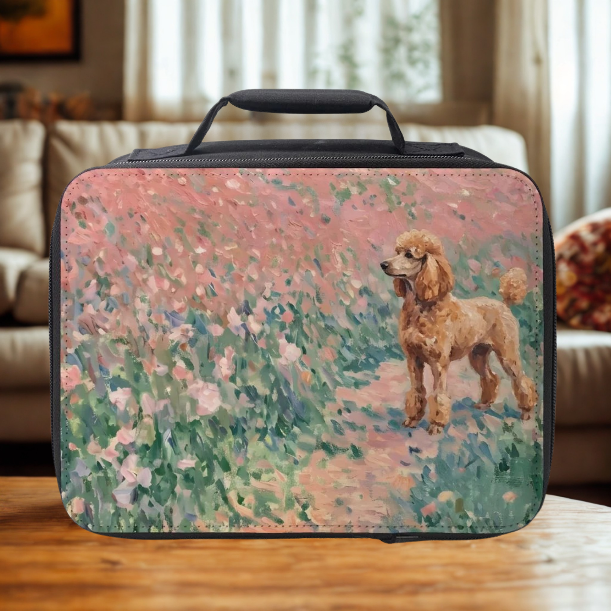 Rectangular lunch bag with a golden poodle dog and floral design on a wooden surface.