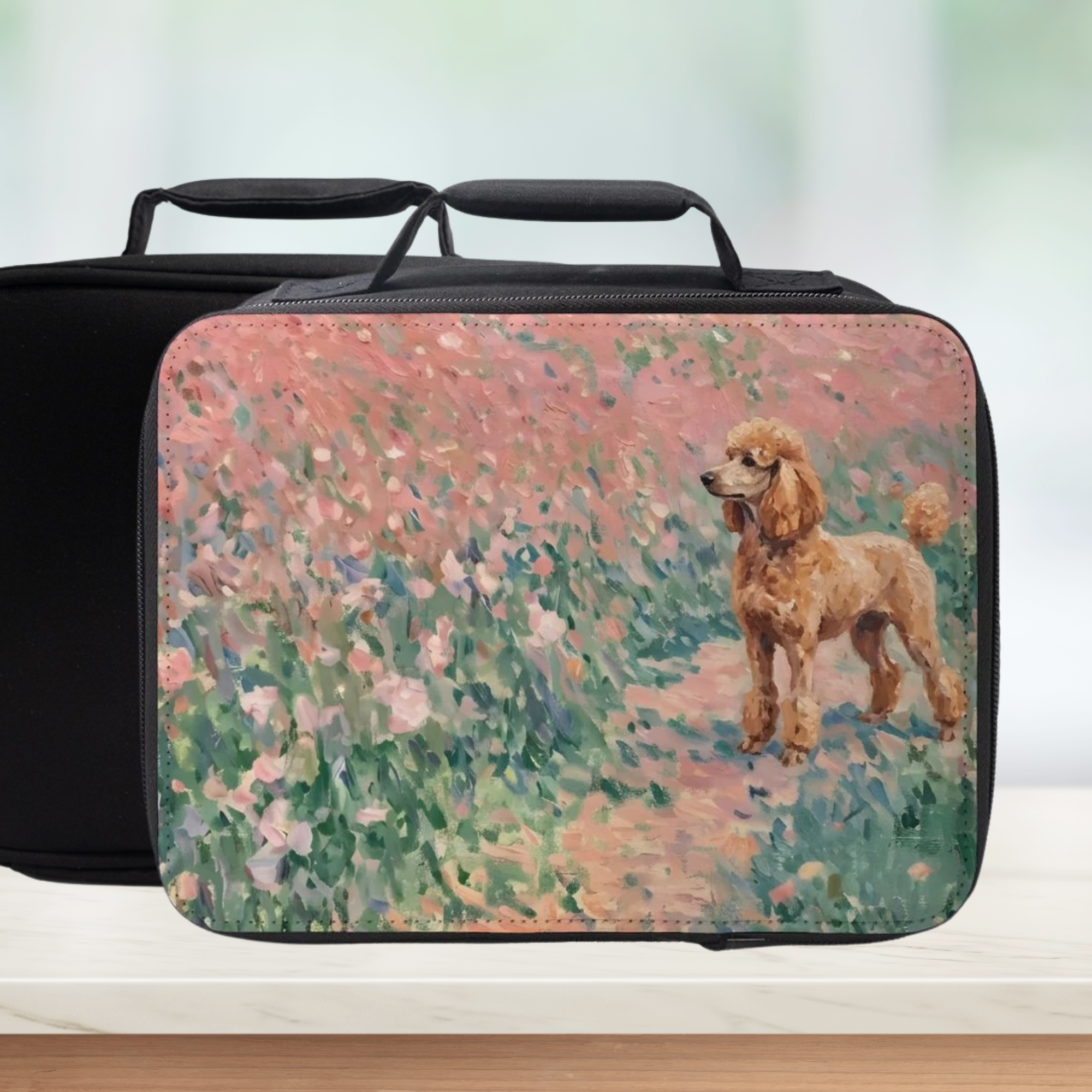 Rectangle lunch box with a golden poodle dog painting design on a white background