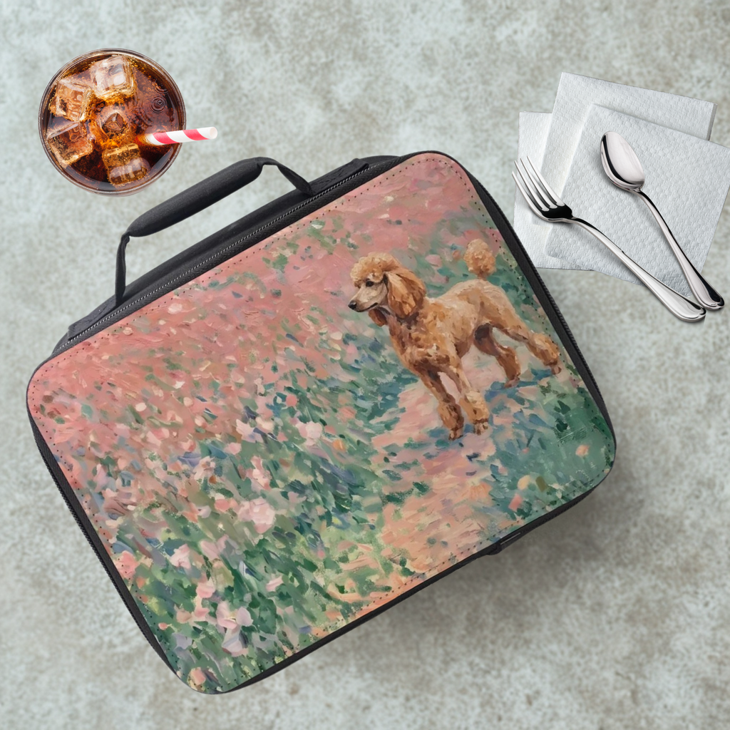 Lunch bag with a poodle dog design on a table with a drink and utensils.