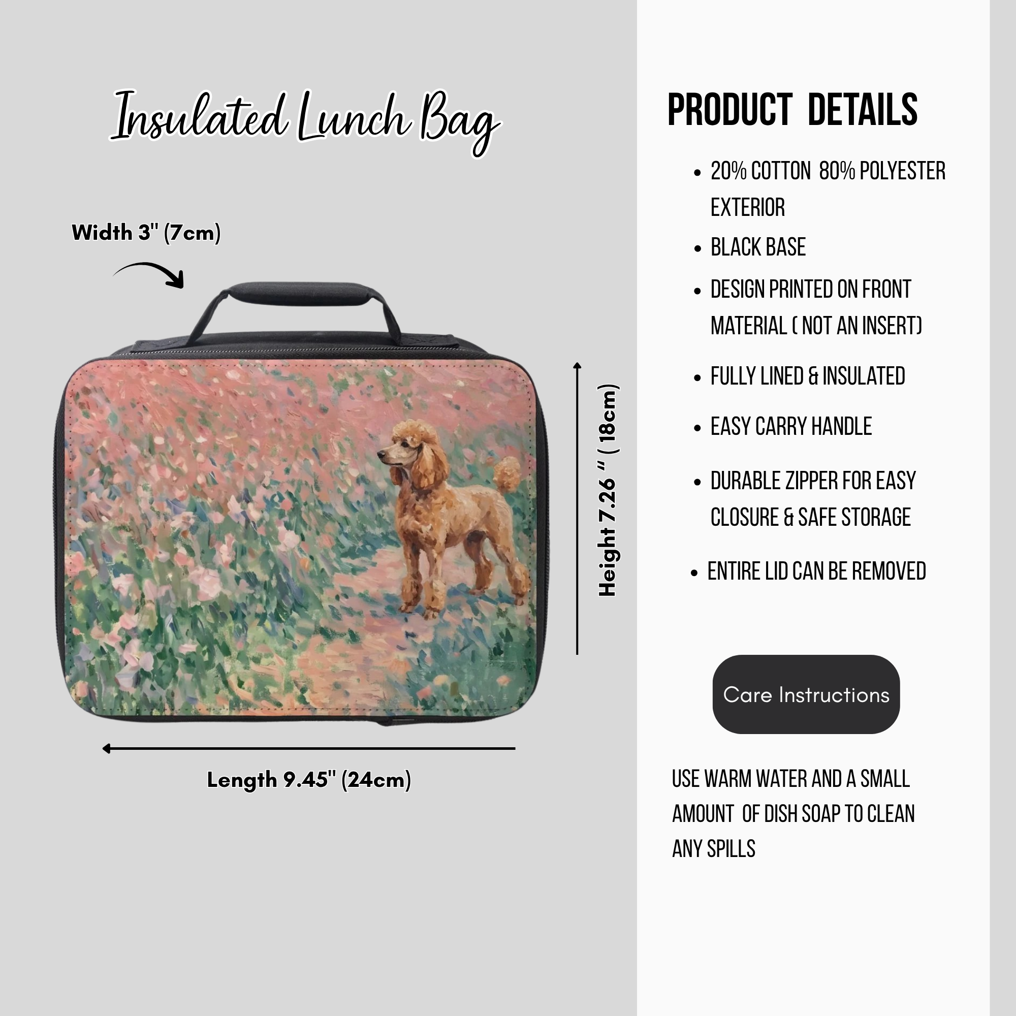 Insulated lunch bag with poodle dog design and product details on a gray background