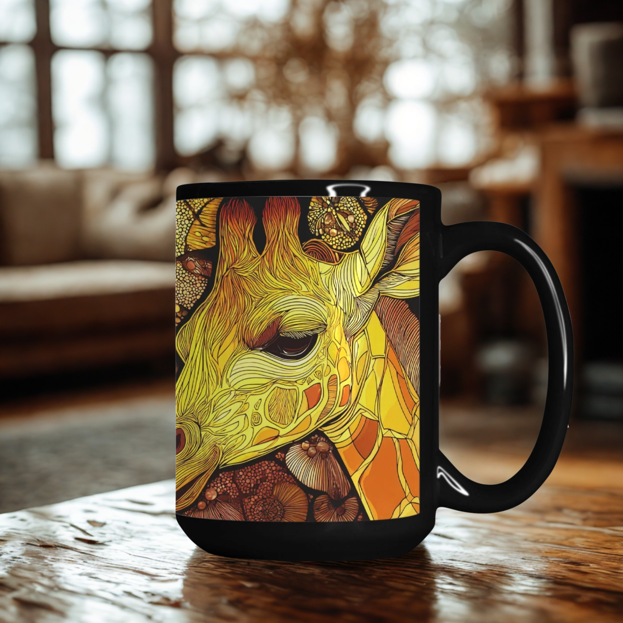 Black mug with a colorful giraffe design on a wooden table.