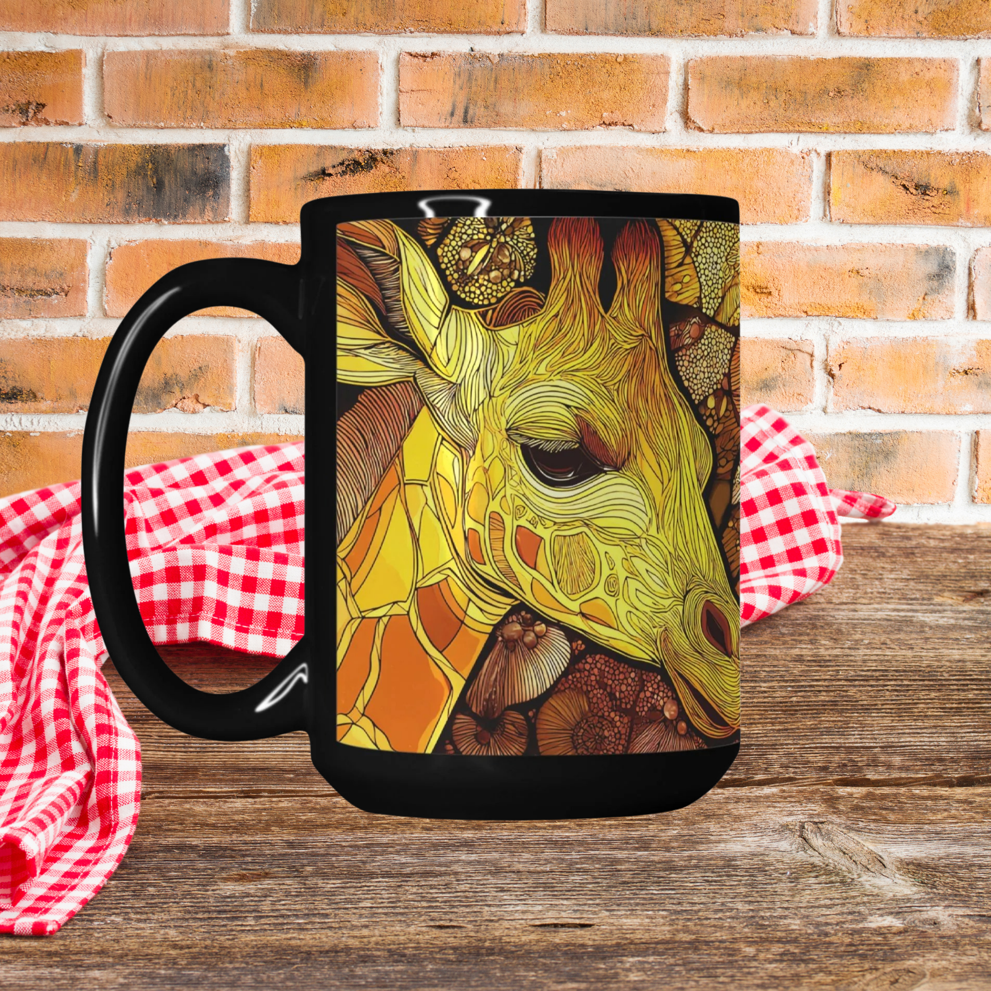 Mug with a colorful giraffe design on a wooden picnic table against a brick wall background