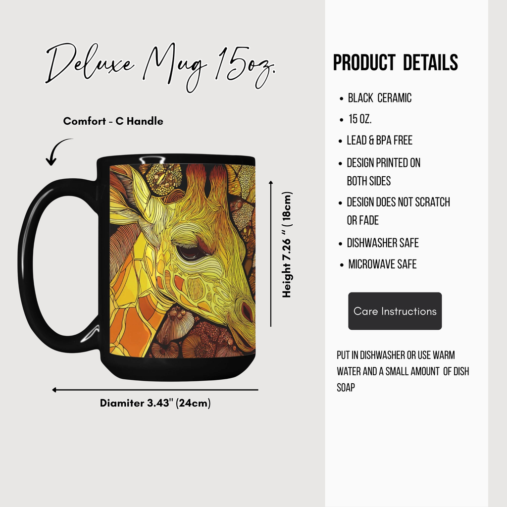 Black ceramic mug with a giraffe design, featuring product details on a white background.