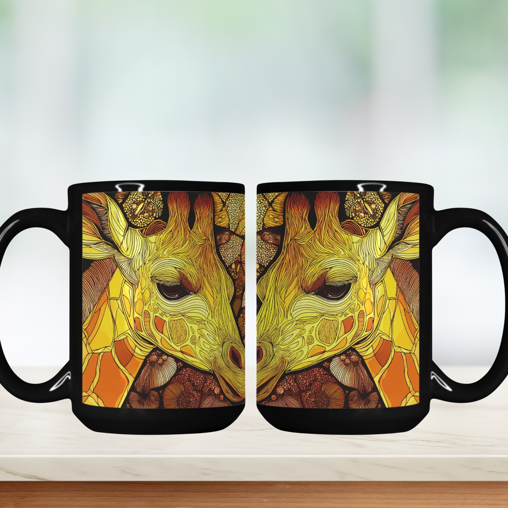 Two black mugs with artistic giraffe designs on a white background