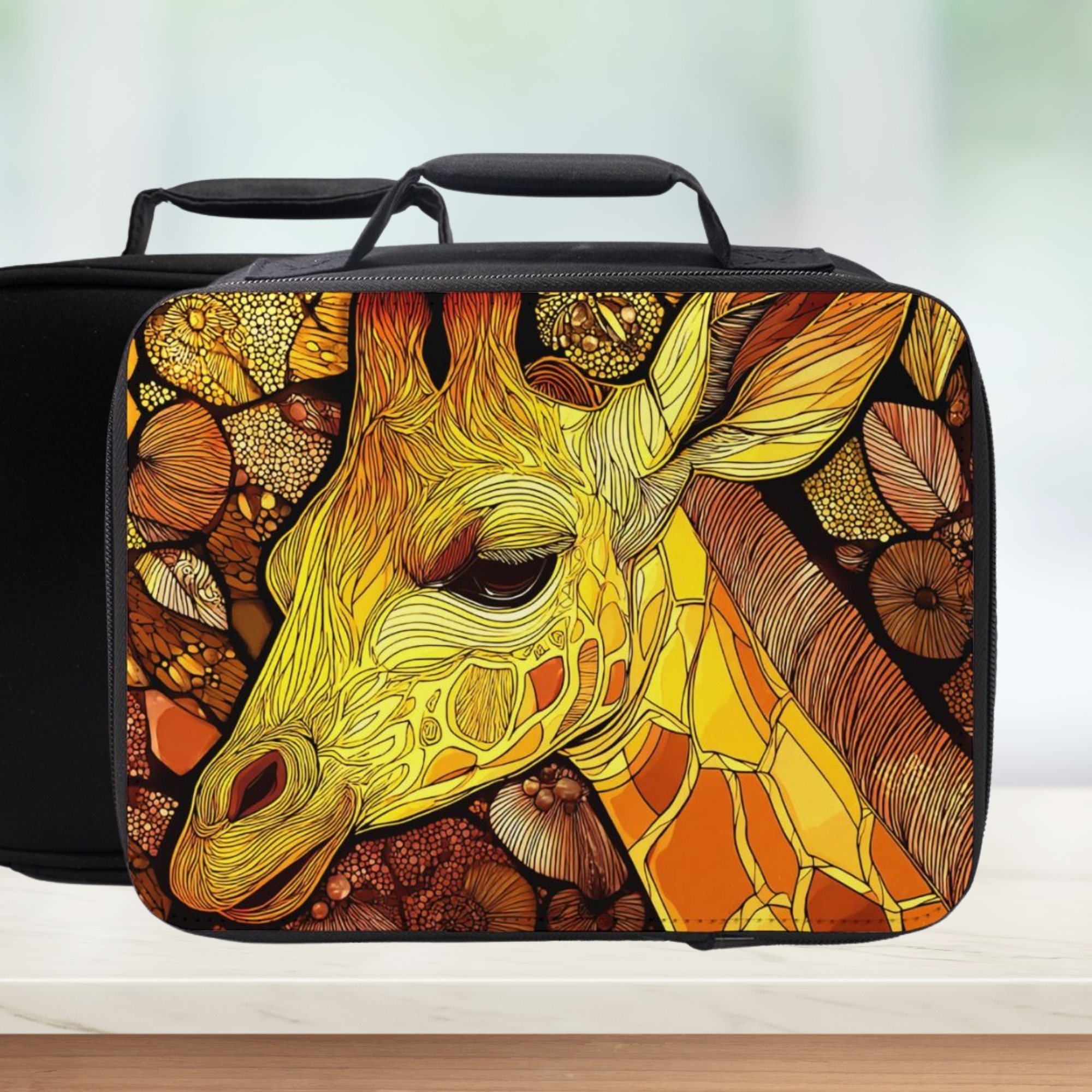 Black lunch bag with a colorful giraffe design on a blurred background