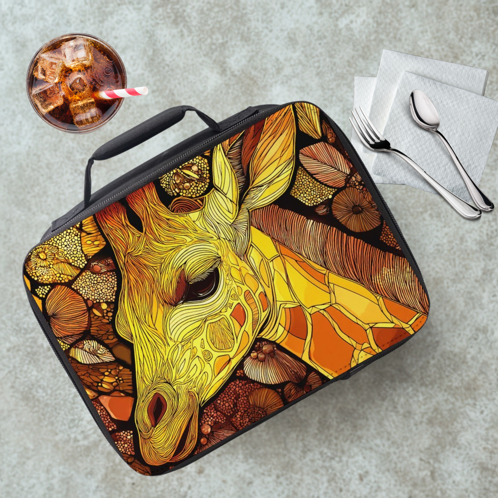 Lunch bag with giraffe design on a cafeteria table with a drink and utensils.