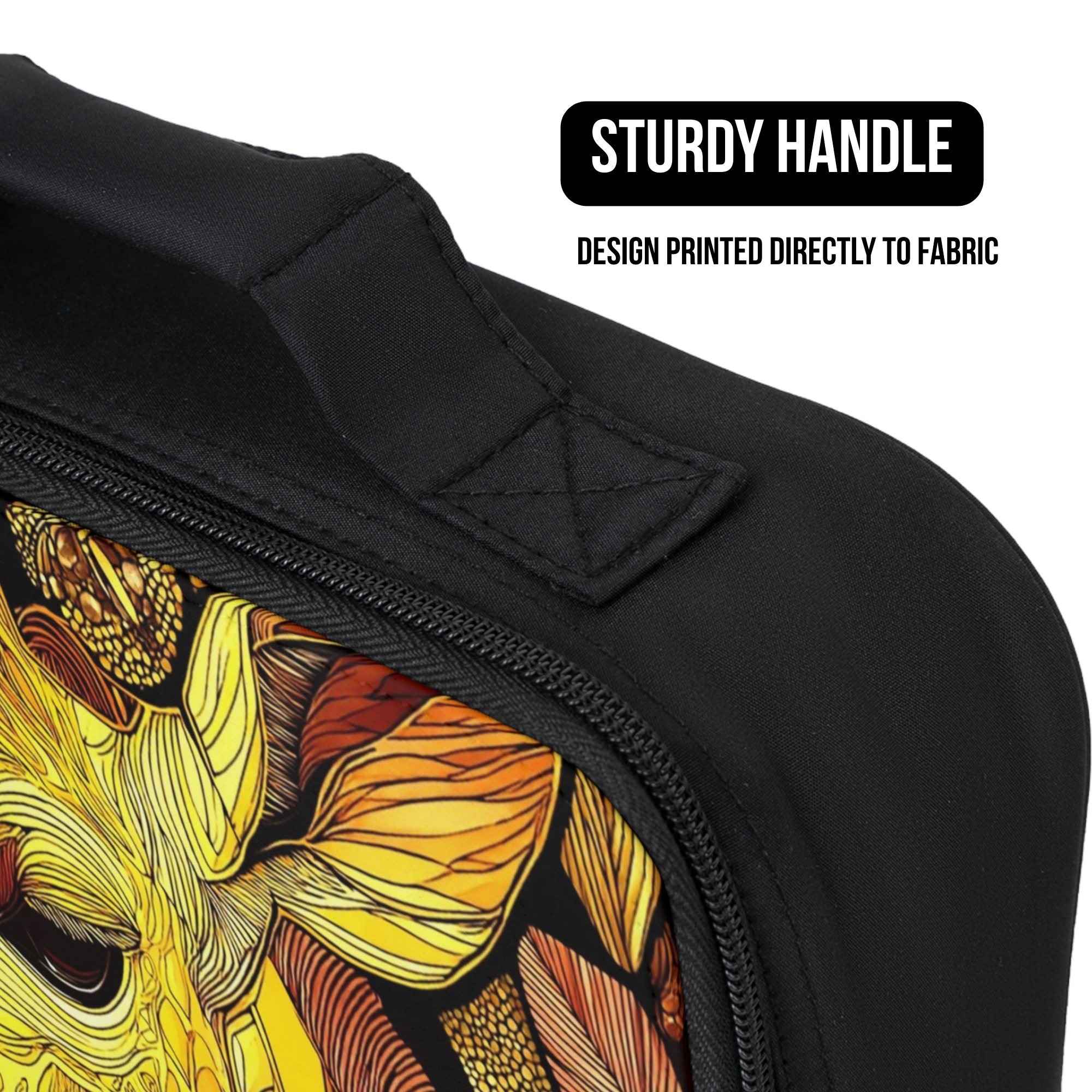 black lunch bag with a golden giraffe design printed directly to the fabric and a sturdy handle.