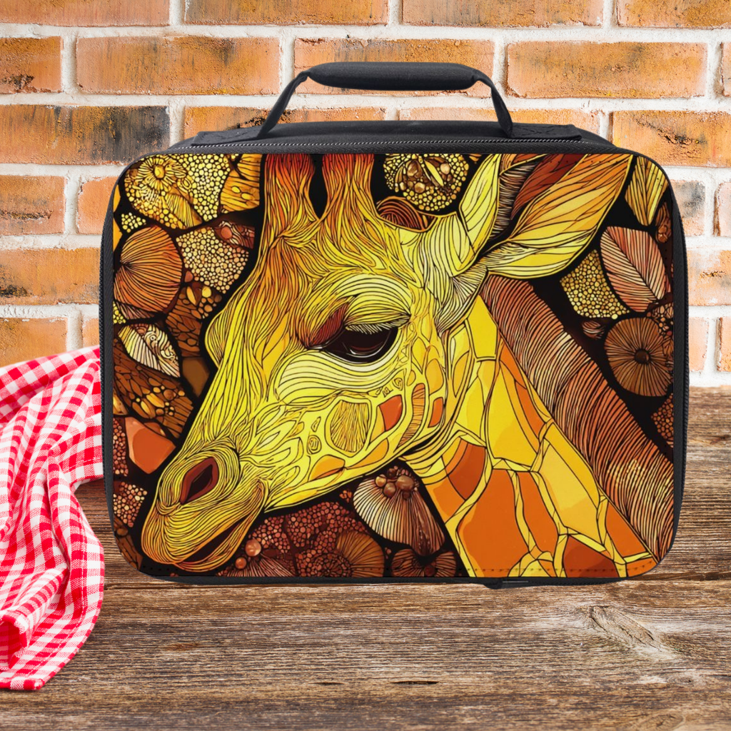 Lunch bag with giraffe design on a wooden picnic table against a brick wall background