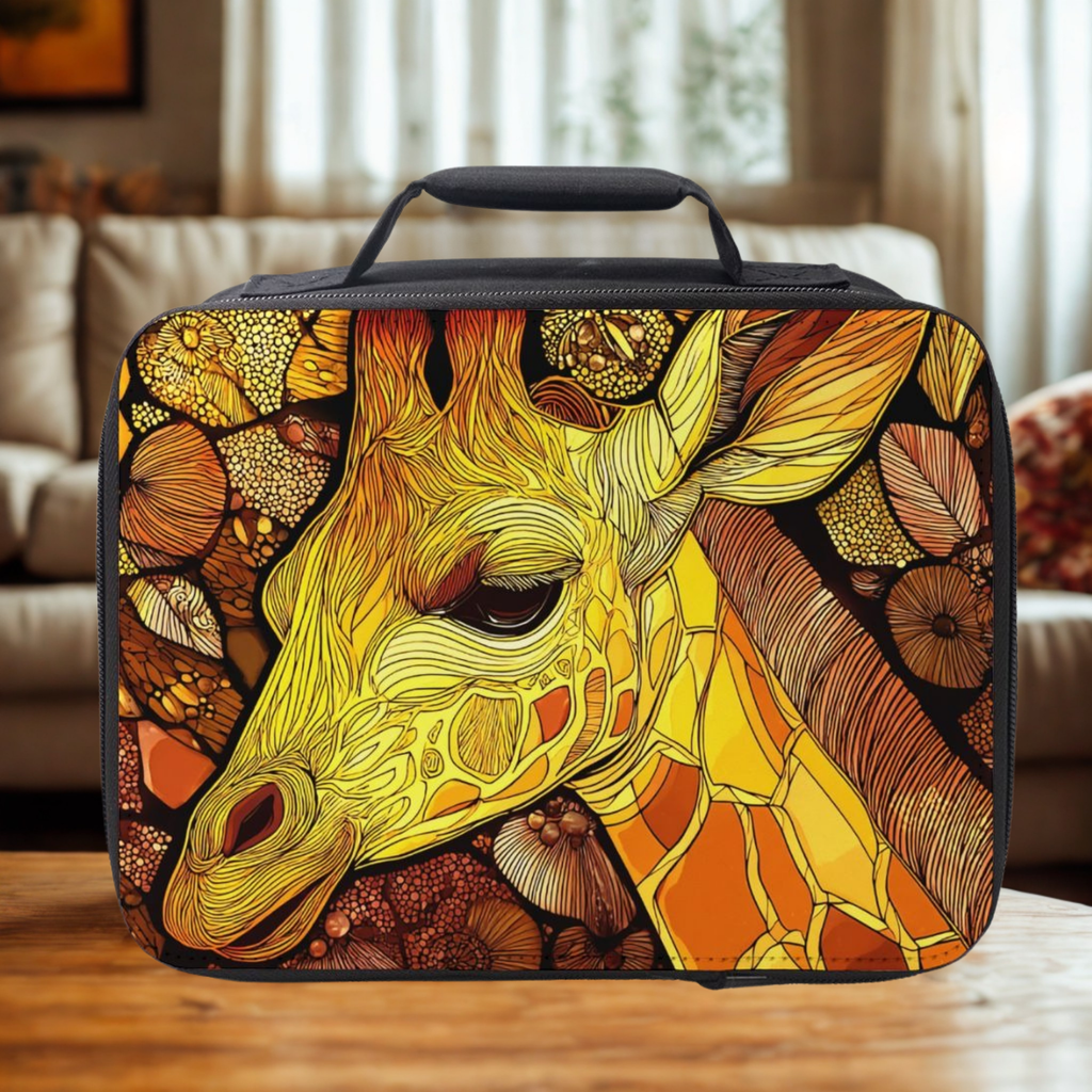  insulated lunch bag with a giraffe design on a wooden coffee table in a cozy living room