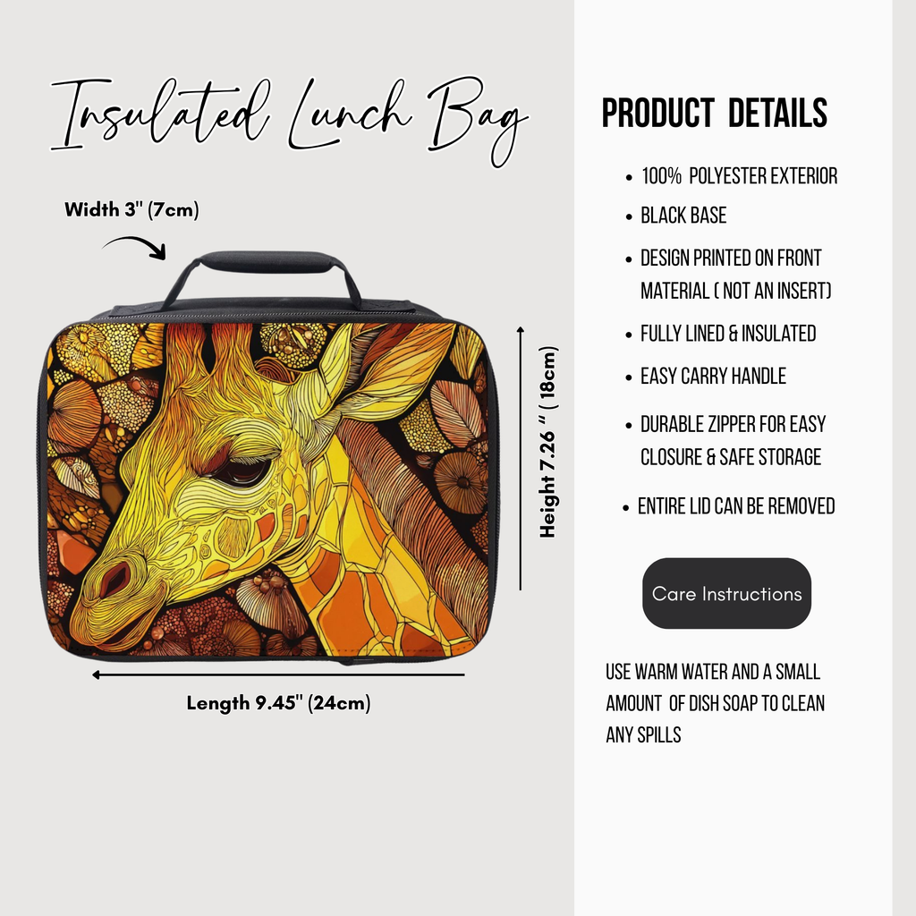 Insulated lunch bag with giraffe design and product details on a white background