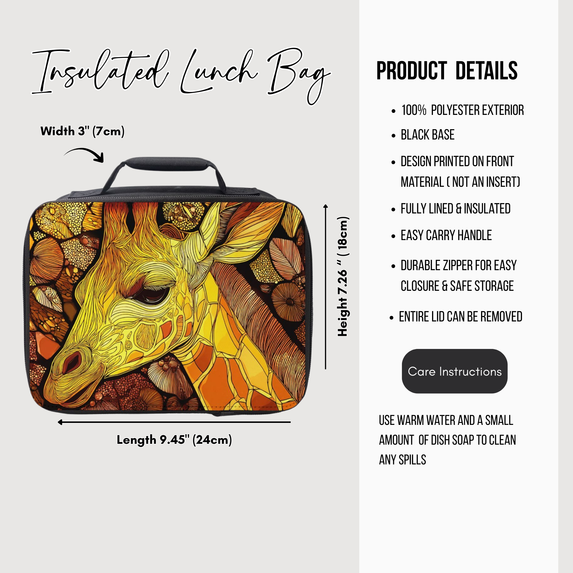 Insulated lunch bag with giraffe design and product details on a white background