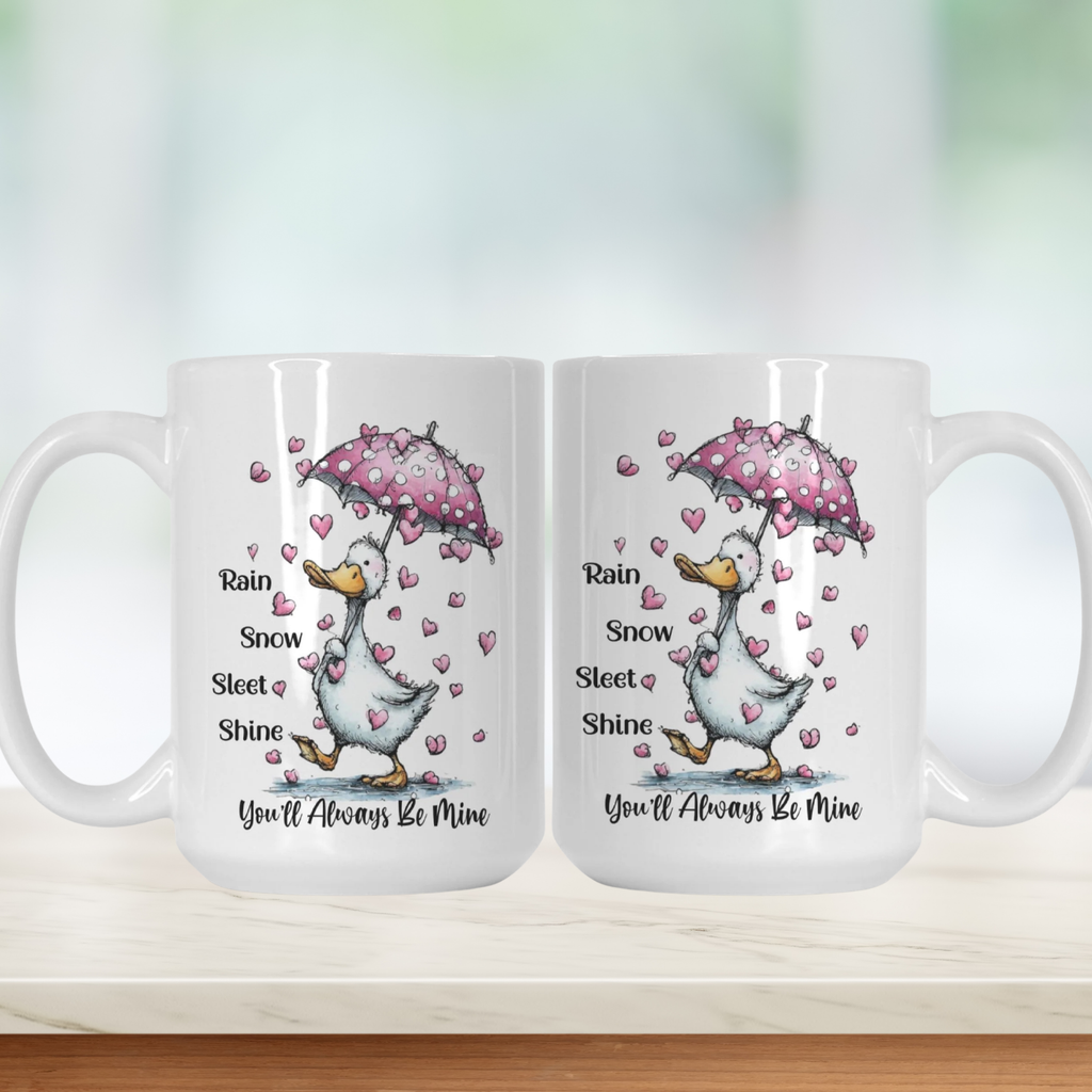Two mugs with Geese holding umbrellas and heart patterns, featuring romantic text on a white background.