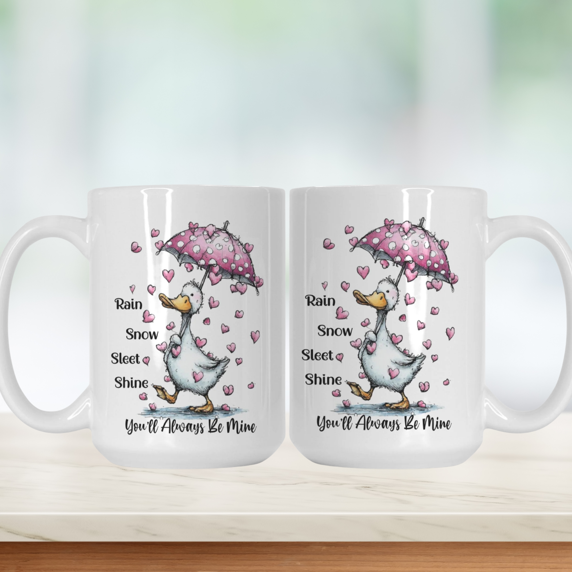 Two mugs with Geese holding umbrellas and heart patterns, featuring romantic text on a white background.