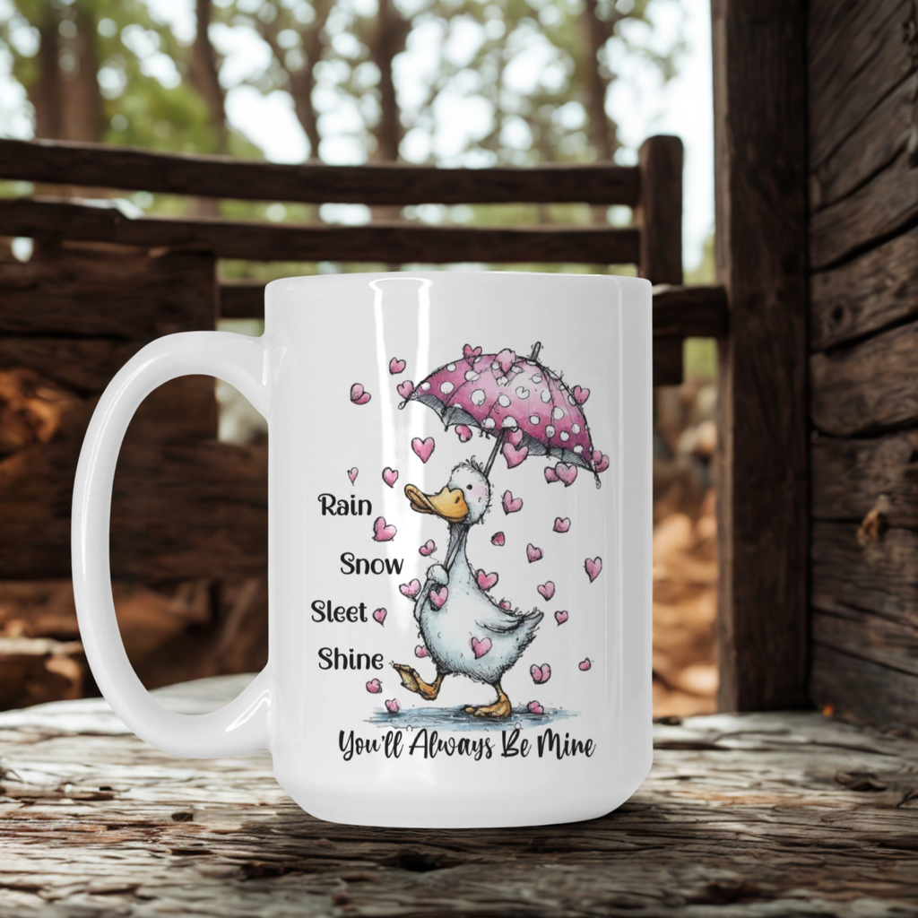 White mug with a cartoon goose holding an umbrella and hearts, text 'Rain Snow Sleet Shine You'll Always Be Mine' on a wooden surface.