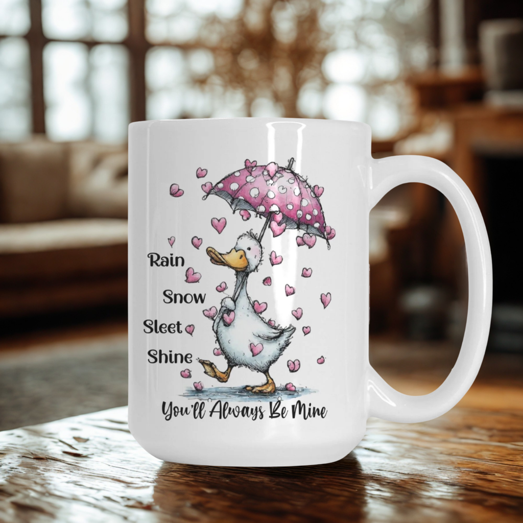 Mug with a cartoon goose holding a pink umbrella and heart pattern, with text 'Rain Snow Sleet Shine You'll Always Be Mine' on a wooden surface.